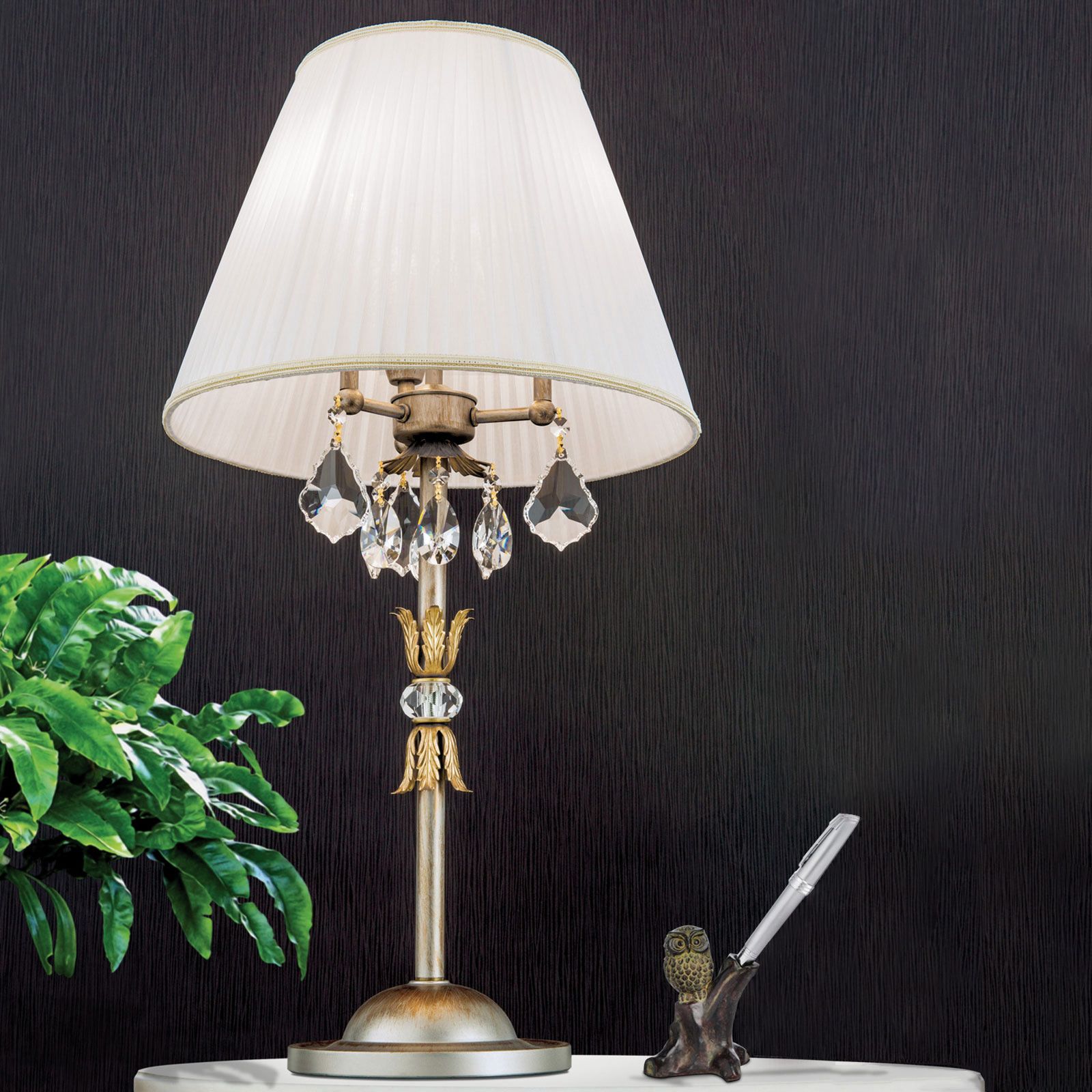 Tischlampe MIRAMARE, Silbergold, 3-flammig, mit weißem Schirm