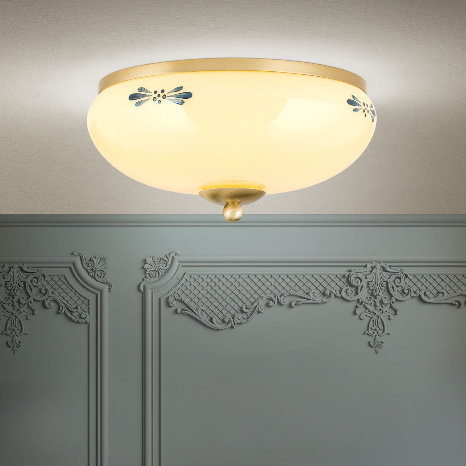 Deckenleuchte LANDHAUS, Messing, mit blauem Dekor, mit Knopf, Ø 28cm