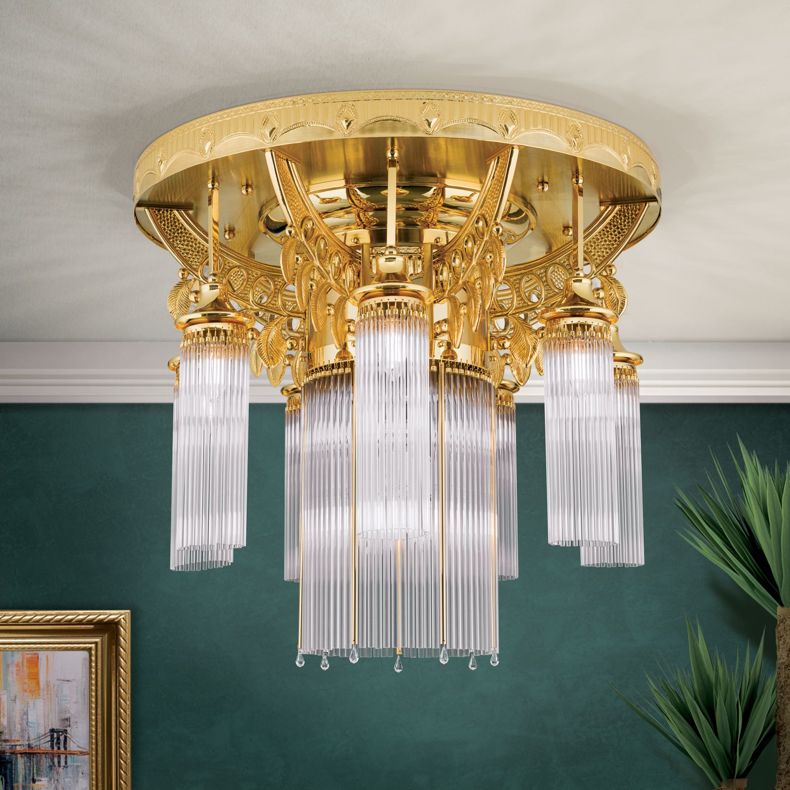 Adele Ceiling Light, 8 lamps, 24K gold plated, with crystal glass sticks