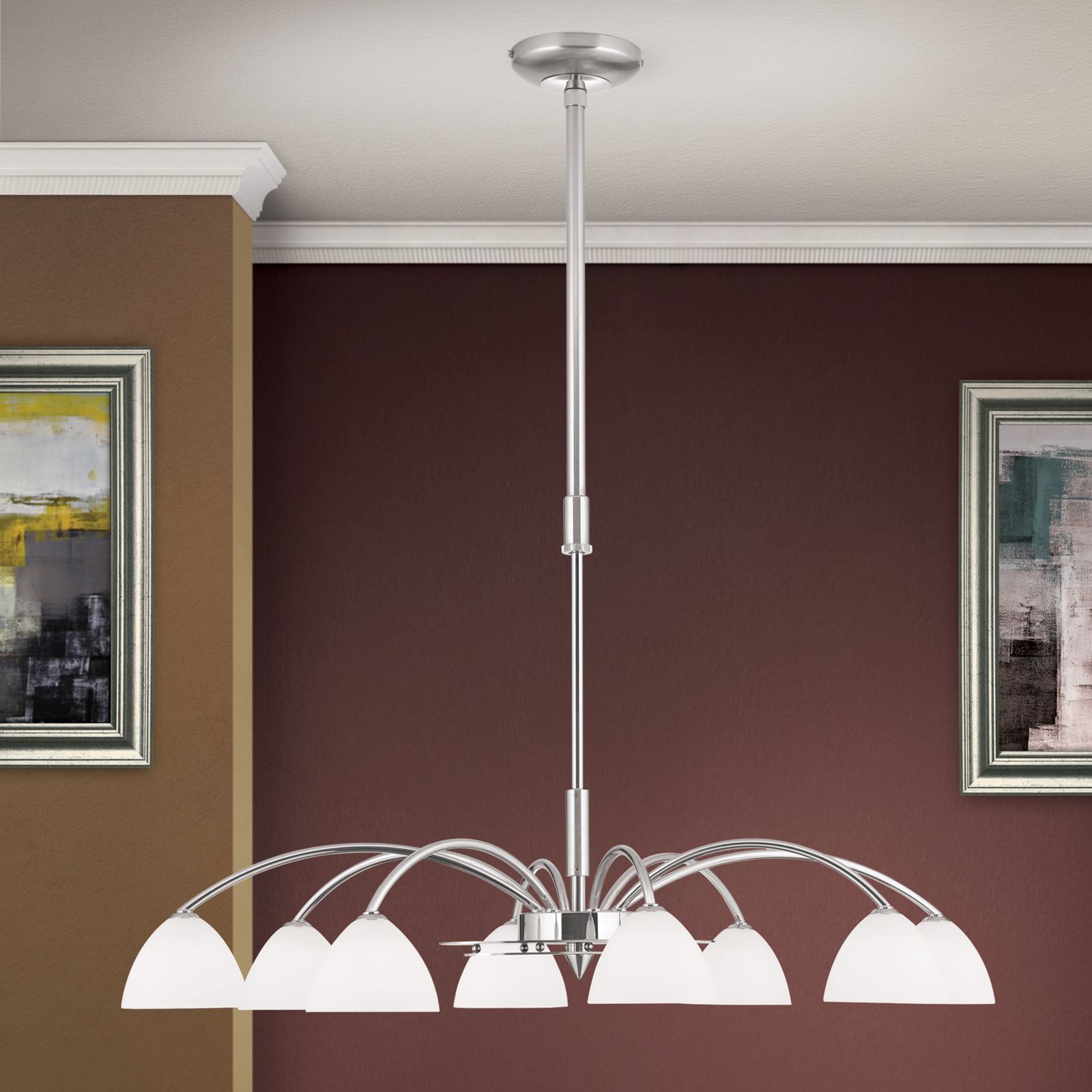 OPALDESIGN chandelier, 8 lamps, satin chrome with opal glasses