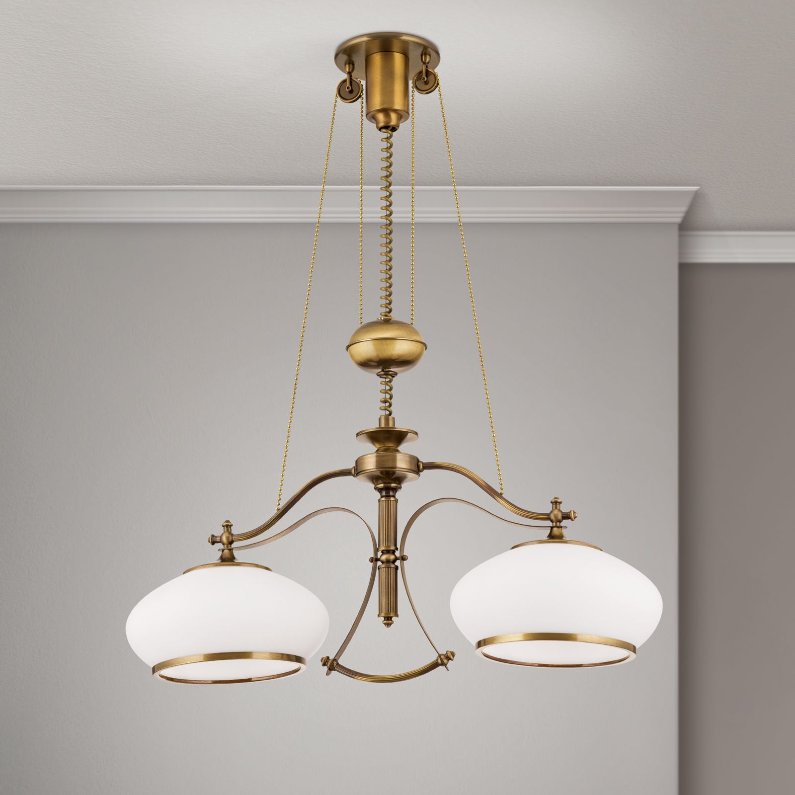 Chandelier EMPIRE, Antique Brass finish, with 2 opal glasses & pulley/weight