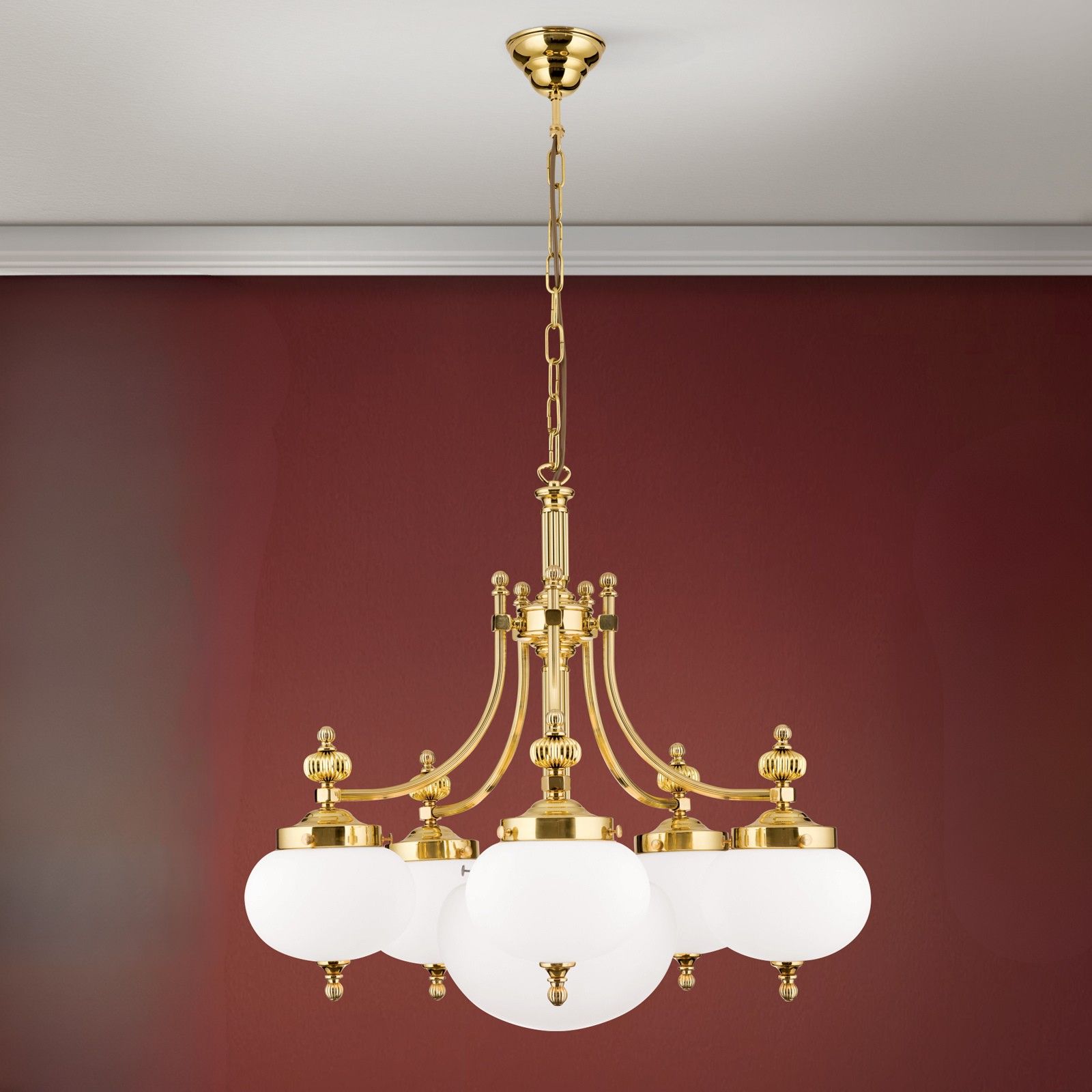 Luster WIENER NOSTALGIE, 5+1-flammig, Messing-glänzend, mit opal matten Gläsern, abwärts