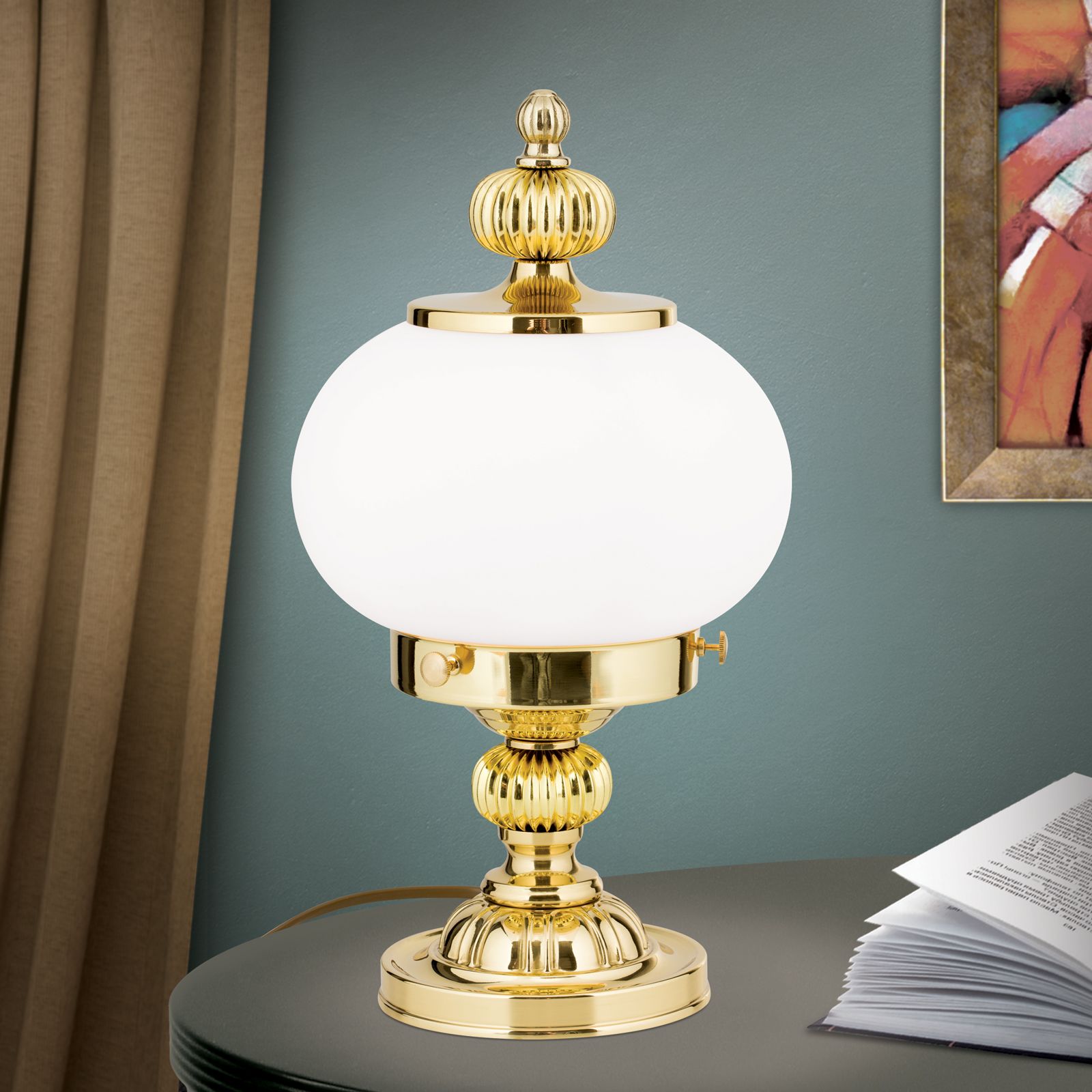 Table lamp WIENER NOSTALGIE, 1-lamp, shiny brass, with opal matt glass