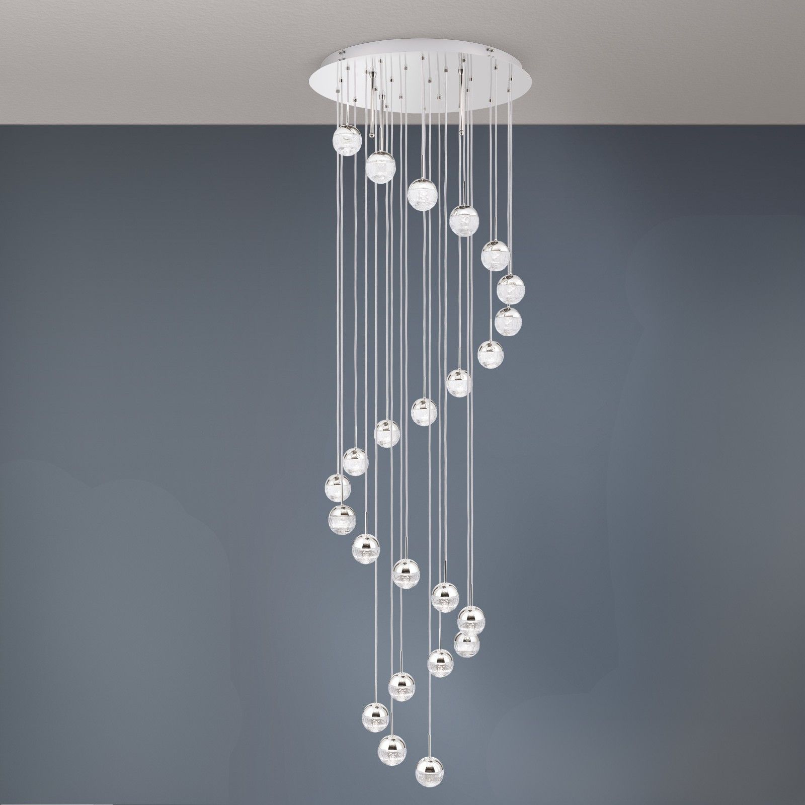 Spiral chandelier BALL, Ø 80cm, nickel, with silver textile cable and clear cut crystal glass.