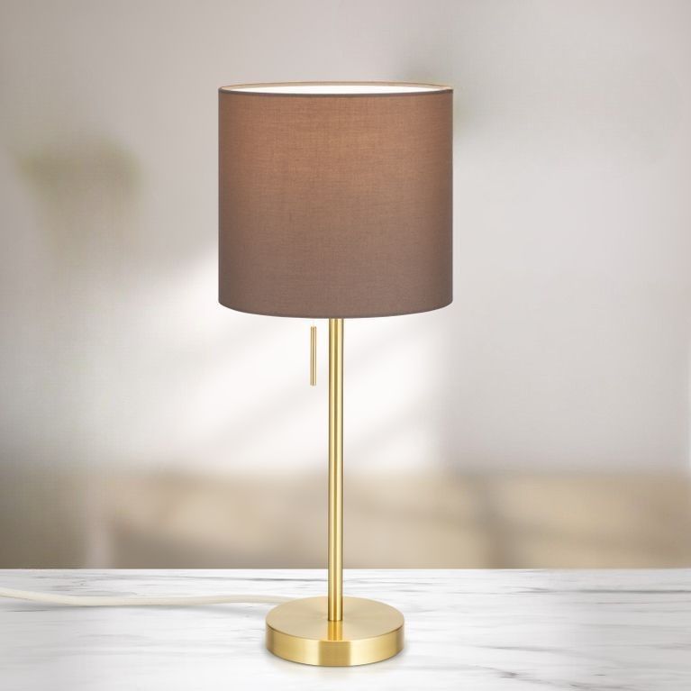 Tischleuchte SHADE, Small, Messing-matt, mit zylindrischem, braunem Schirm