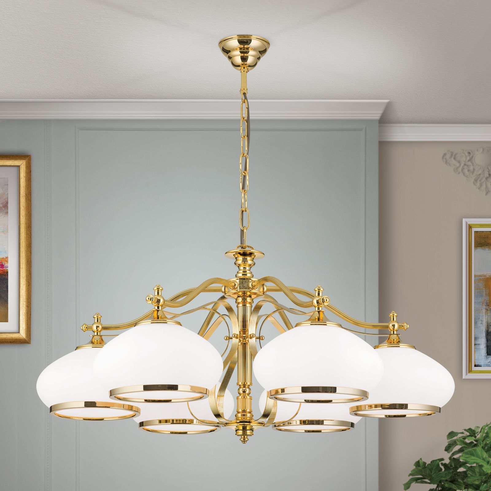 Luster EMPIRE, 6-flammig, Gold, mit opal goldenen Gläsern