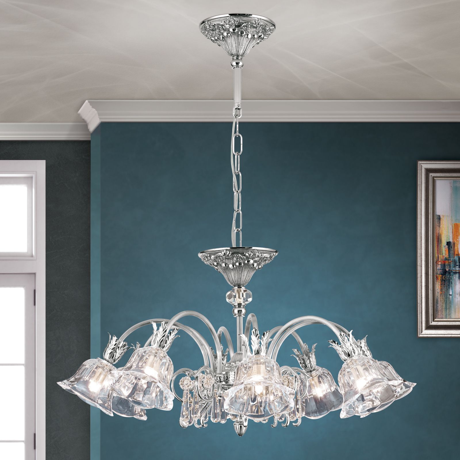 LA BOHEME Chandelier, 8 lamps, antique silver finish