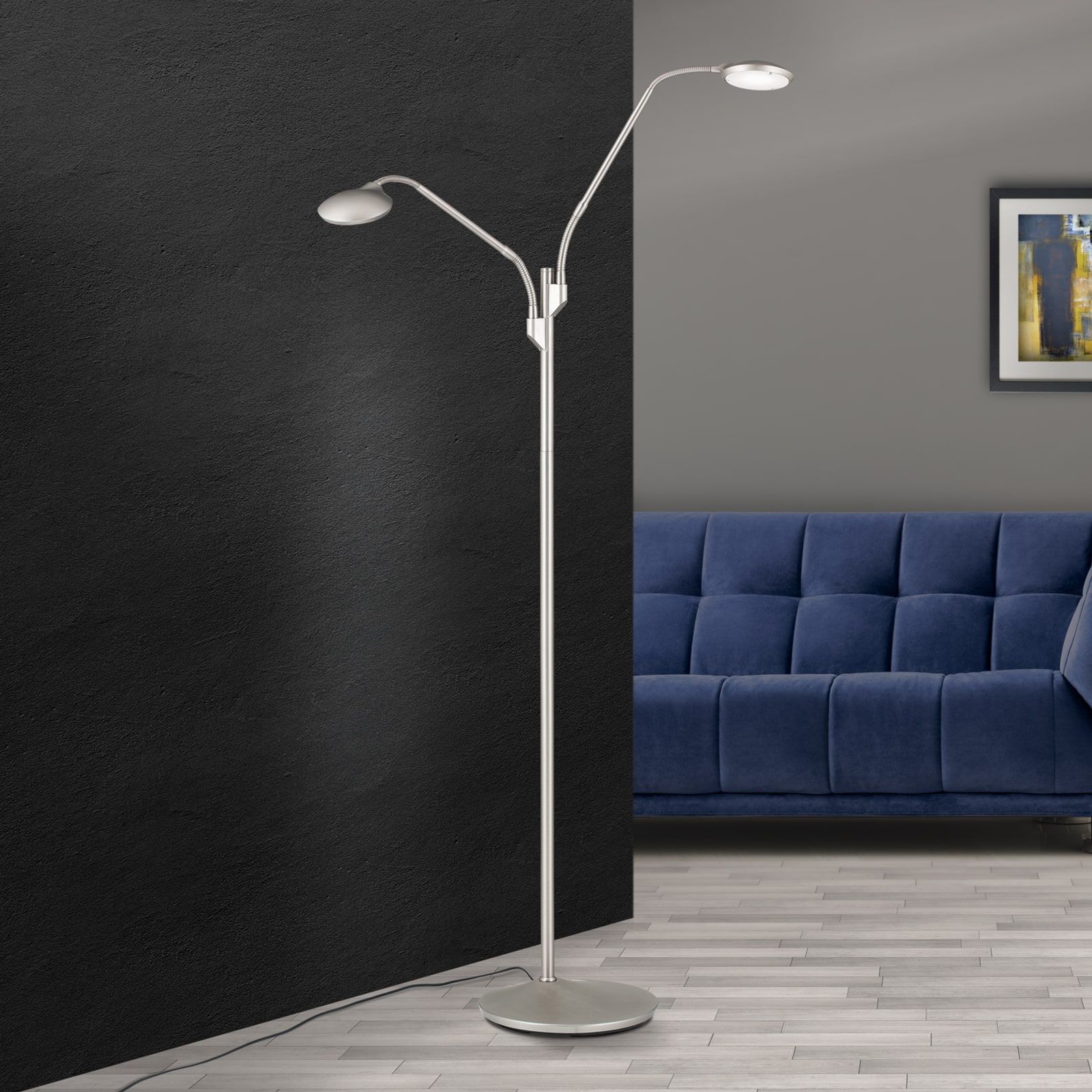 COBRA LED floor lamp, 2 lights, satin chrome finish