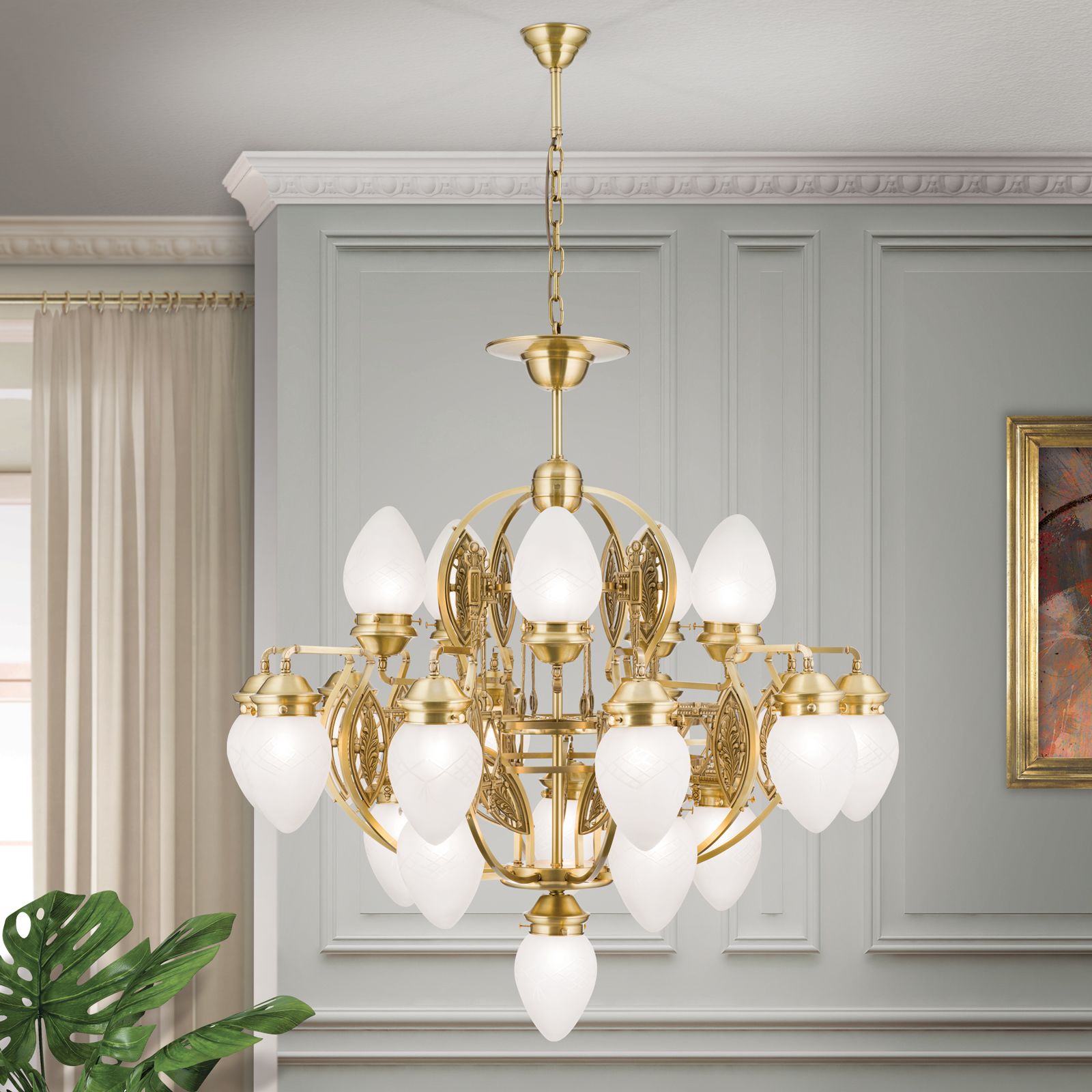 Chandelier BUDAPEST, 21-flames, bronze, with clear frosted glass