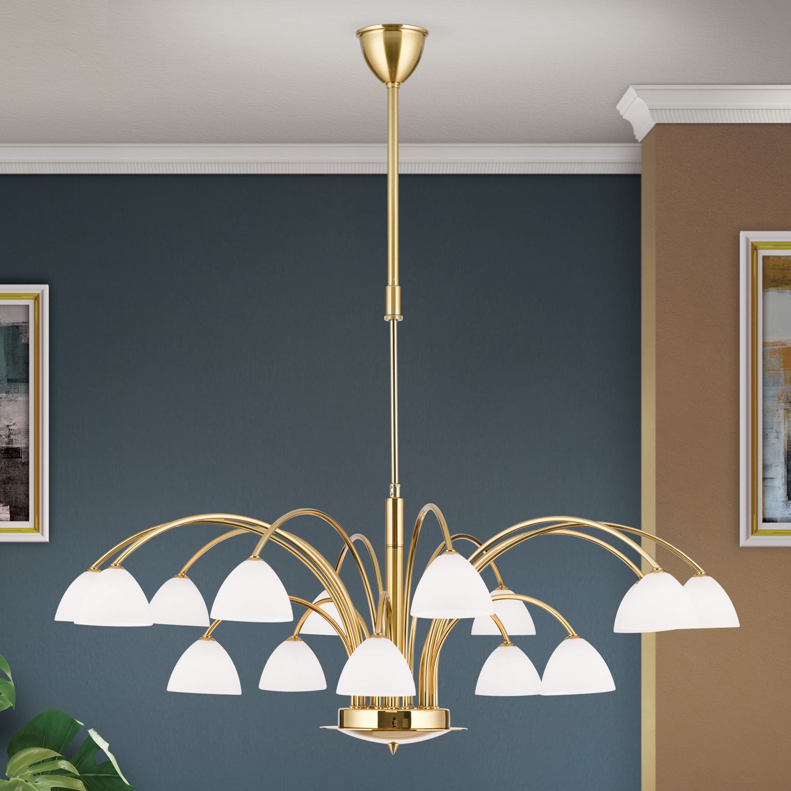 Chandelier OPALDESIGN, 15-flames, gold matt, with opal glass