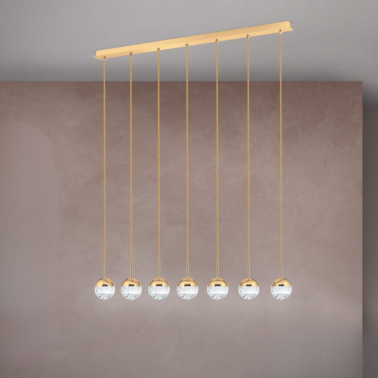 BALL pendant light, 7 lamps, 24K gold plated with clear crystal glasses with handmade line cut