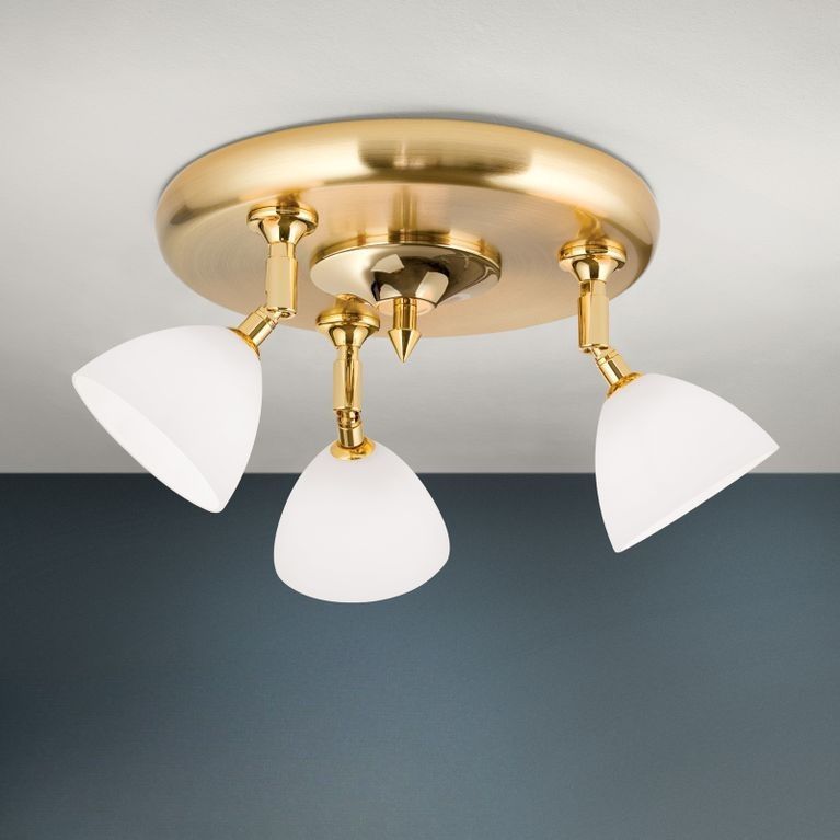 Runder Strahler OPALDESIGN, 3-flammig, Gold-matt, mit Opalgläsern