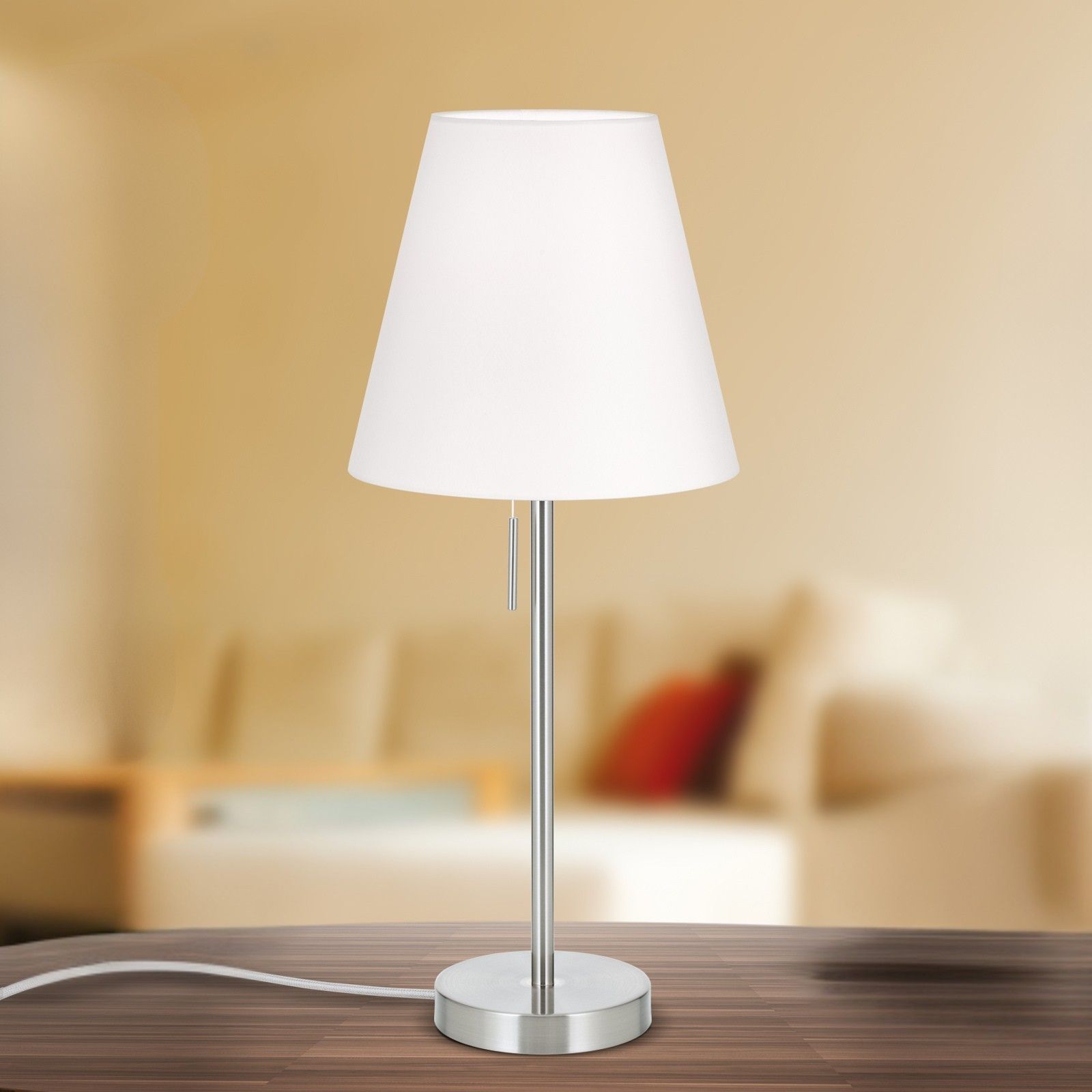 Lampa stołowa SHADE, mała, satynowa, ze stożkowym, białym kloszem
