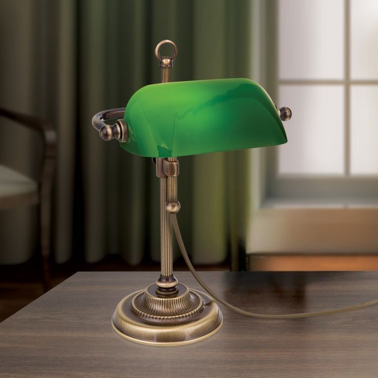 Bench lamp HARVARD, patina with green glass shade, 32cm