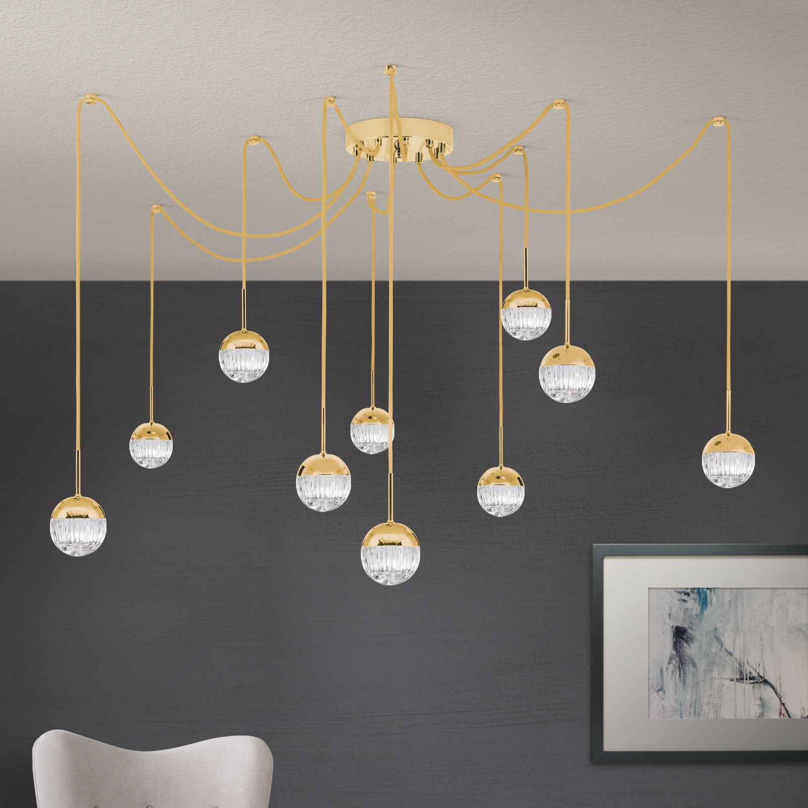 BALL Cluster, 10 lamps, 24K gold plated with clear crystal glasses with handmade line cut
