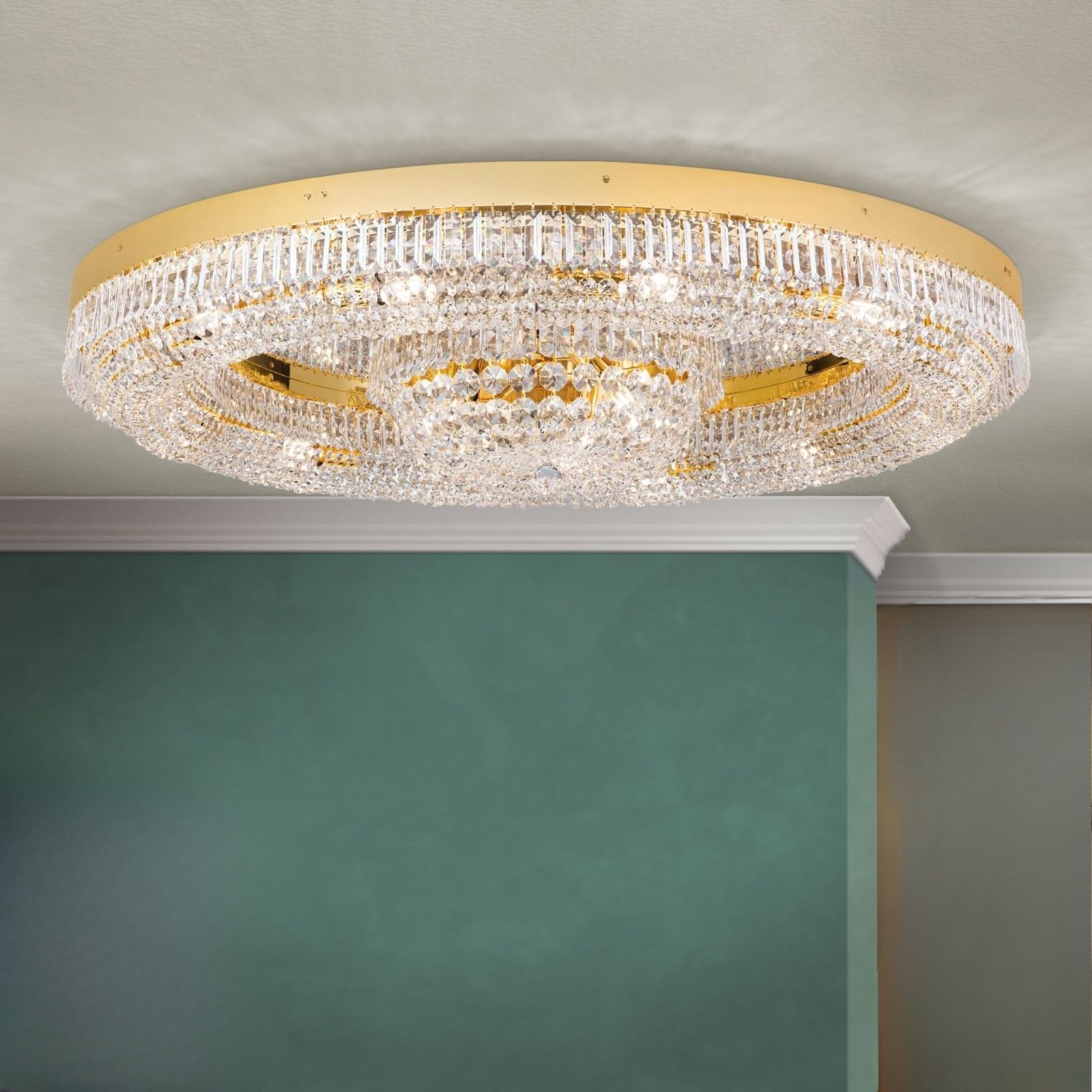 Crystal ceiling light SATURN, 120cm, gold finish