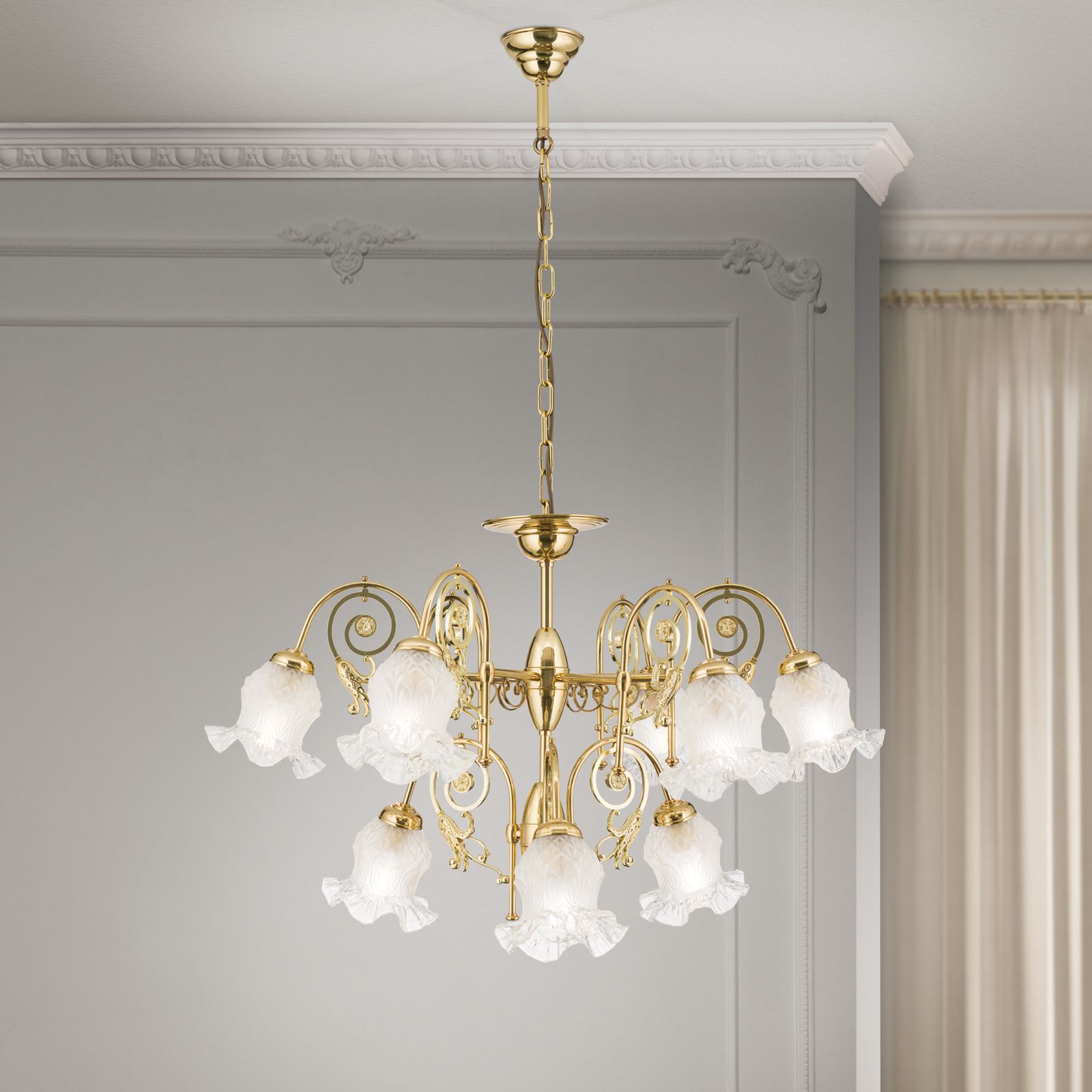 Chandelier RINGSTRASSE, 9 lamps, shiny brass finish with decorated glasses