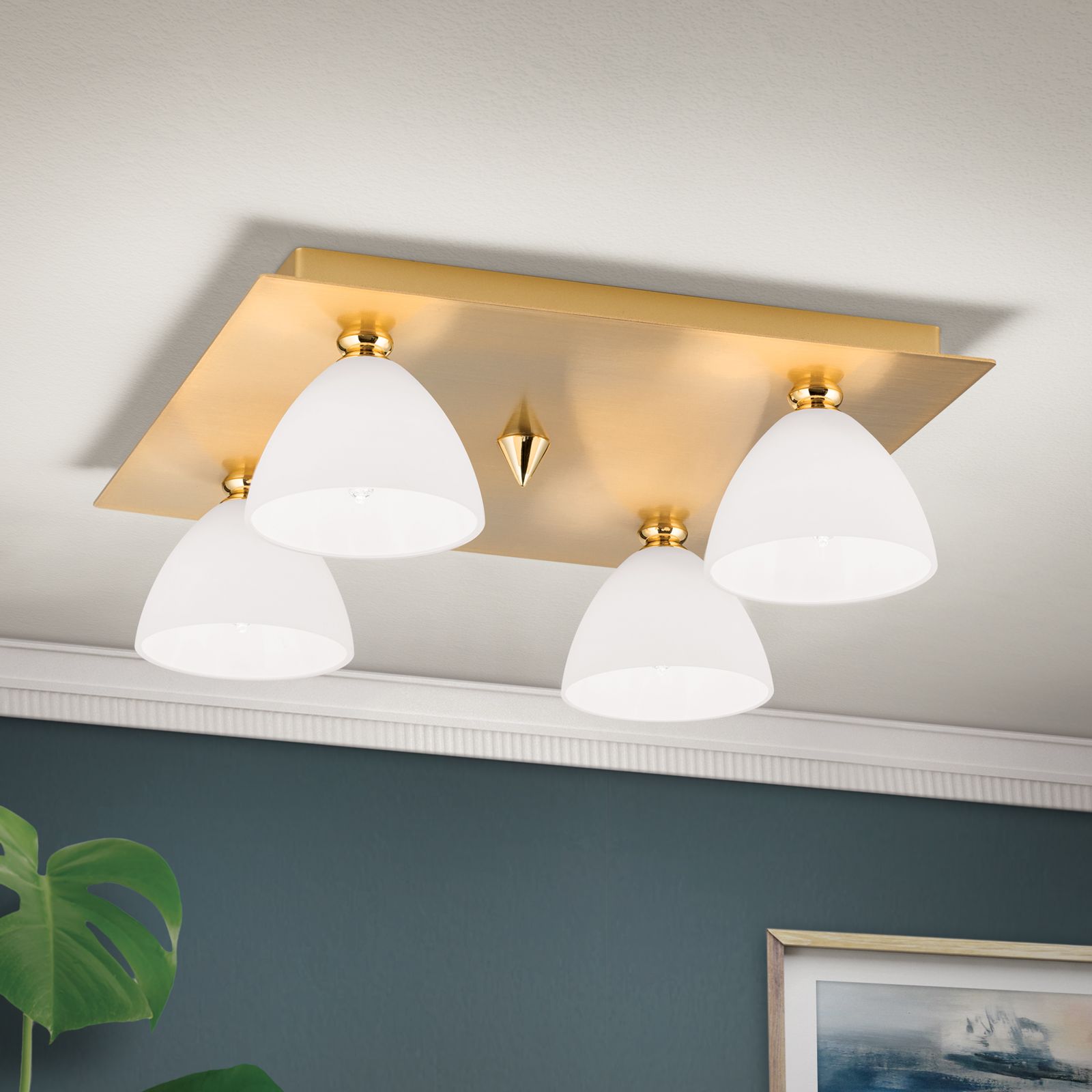 Ceiling light OPALDESIGN, 4-flames, gold matt, with opal glass