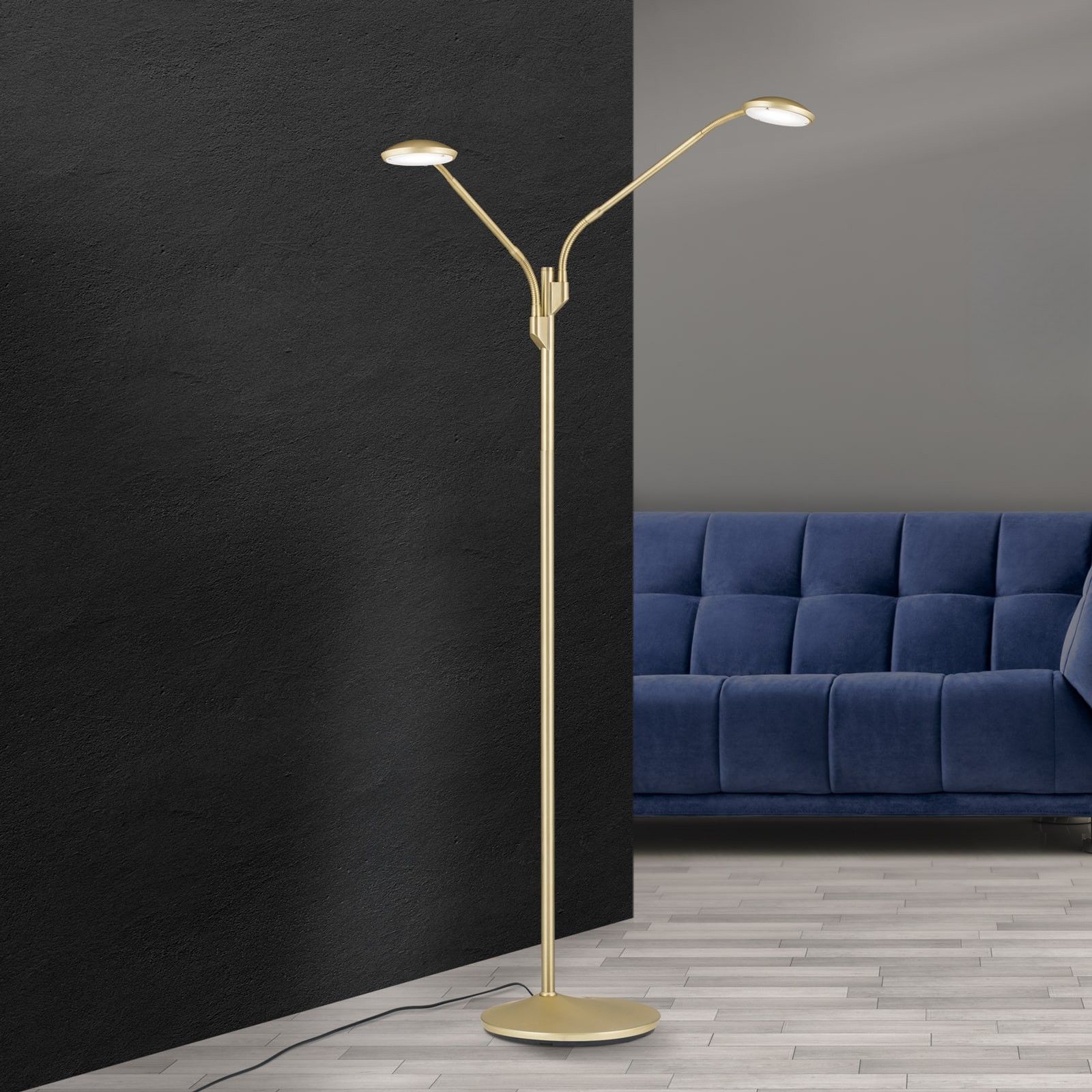 LED floor lamp COBRA, 2-flames, brass matt