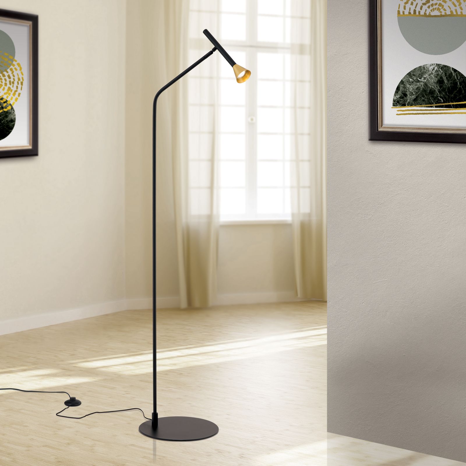 LED floor lamp ODEON, black with brass shade