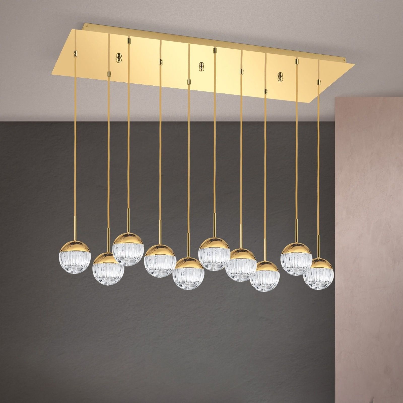 BALL pendant light, 10 lamps, 24K gold plated with clear crystal glasses with handmade line cut