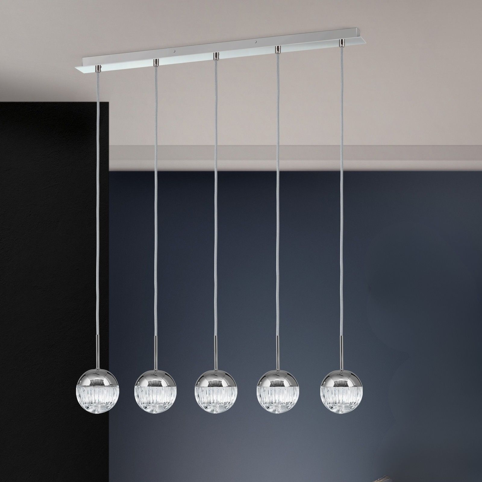 5-flames pendant lamp BALL, nickel, with silver textile cable and clear crystal glass in line cut