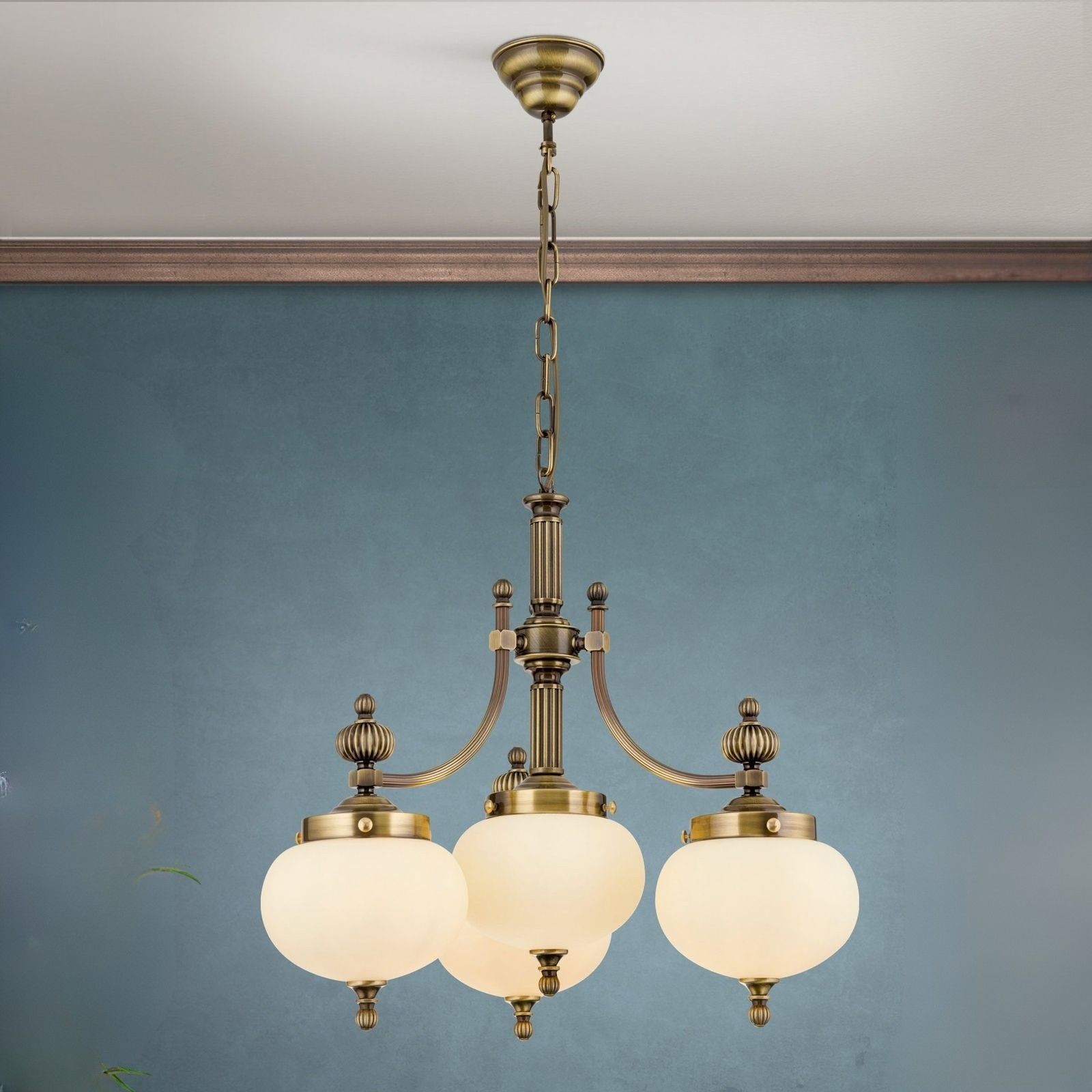 Chandelier WIENER NOSTALGIE, 3+1 lamps, antique brass finish, downwards, champagne coloured glasses