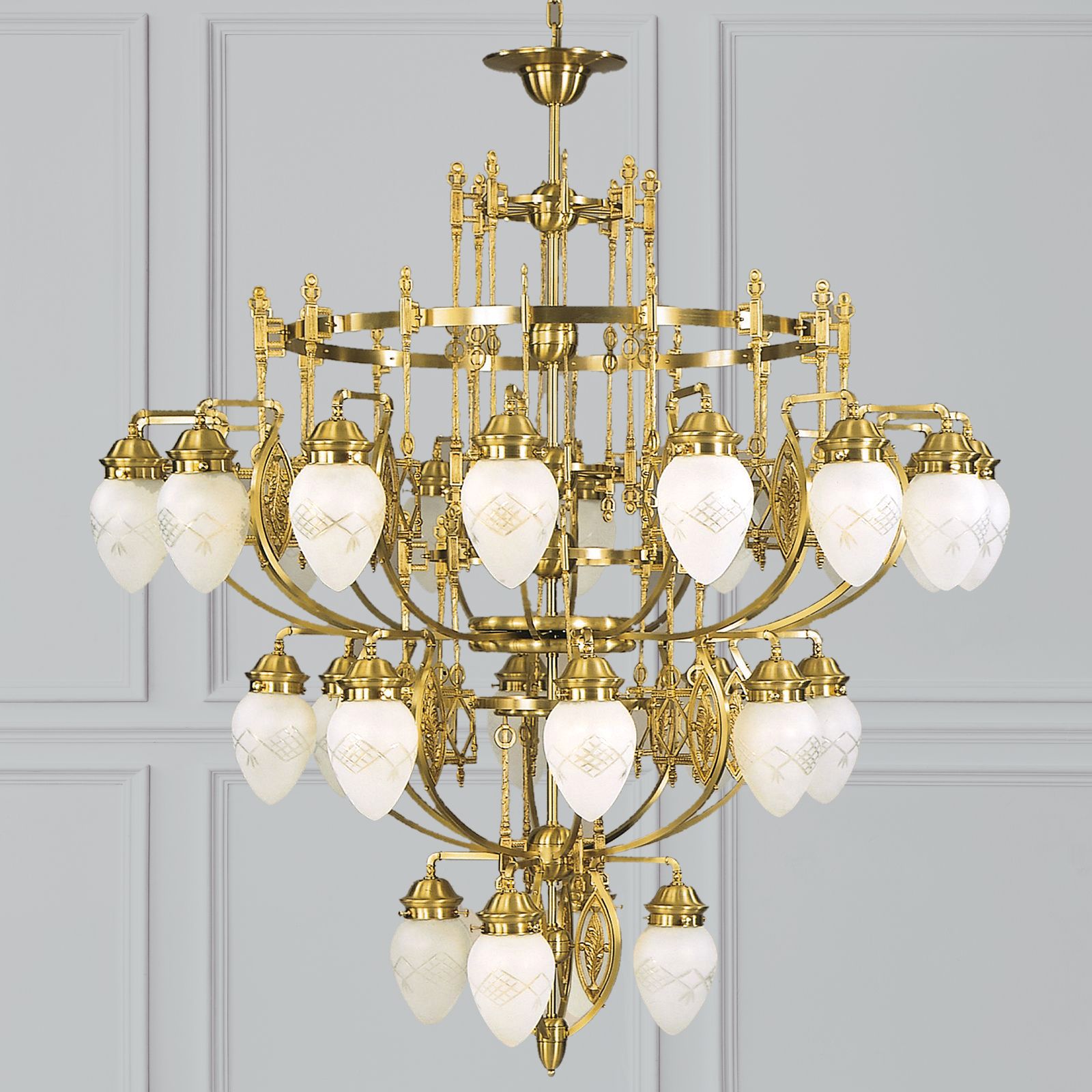 Chandelier BUDAPEST, 28-flames, bronze, with clear frosted glass