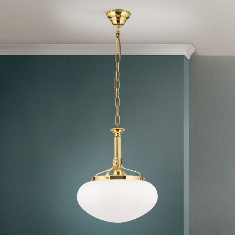 Hängeleuchte WIENER NOSTALGIE, Messing-glänzend, mit opal mattem Glas, 33cm