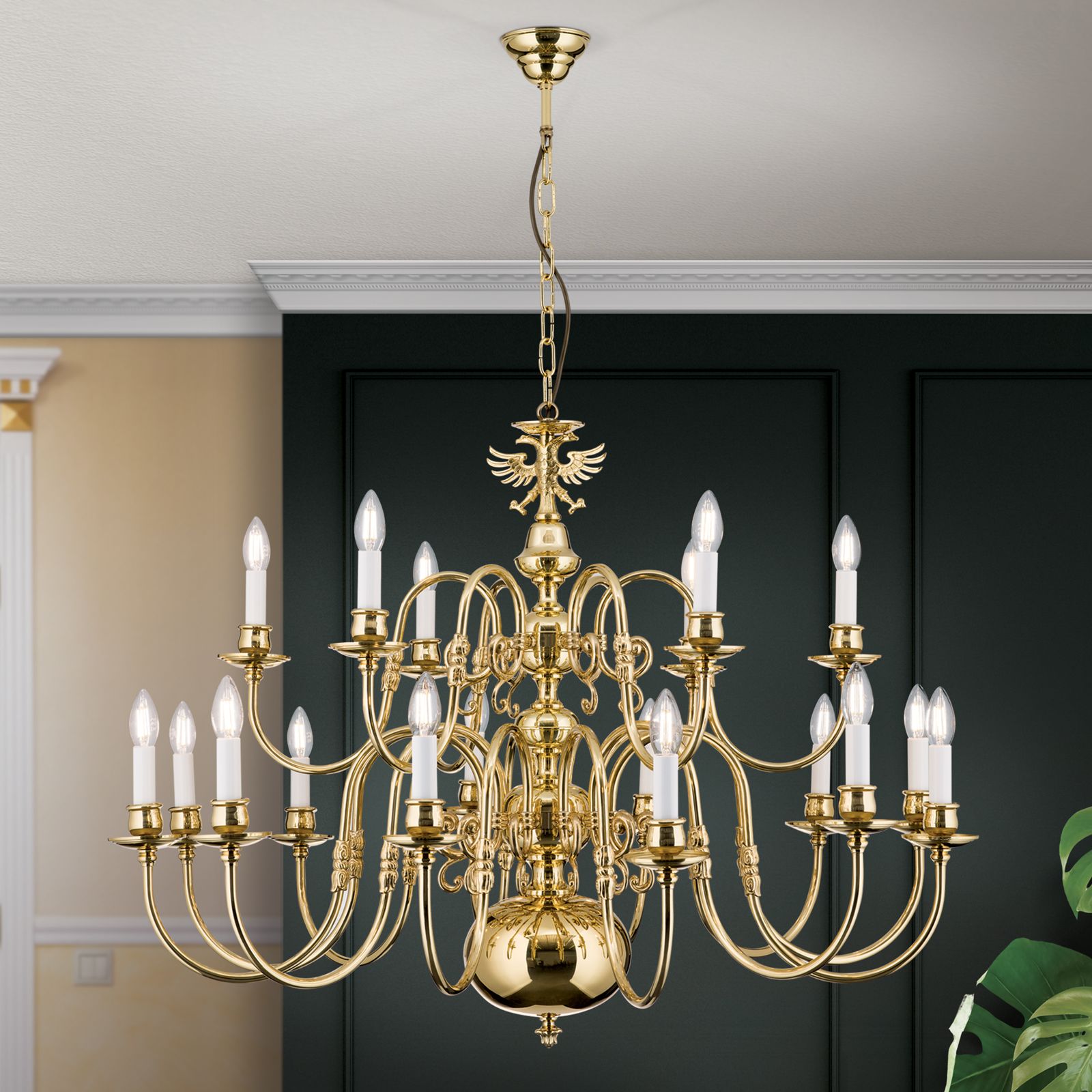 Chandelier FLÄMISCH, 12+6-flames, shiny brass, with eagle