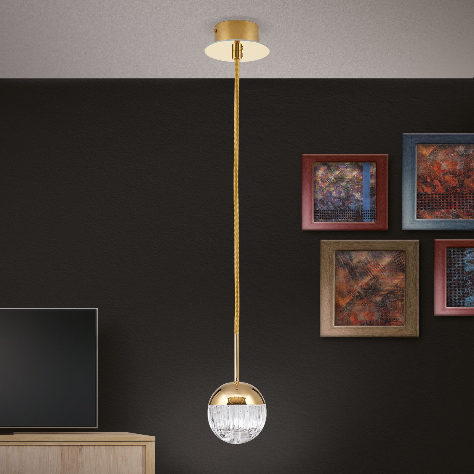 BALL single pendant with round canopy, 24K gold plated with clear crystal glass with handmade line cut