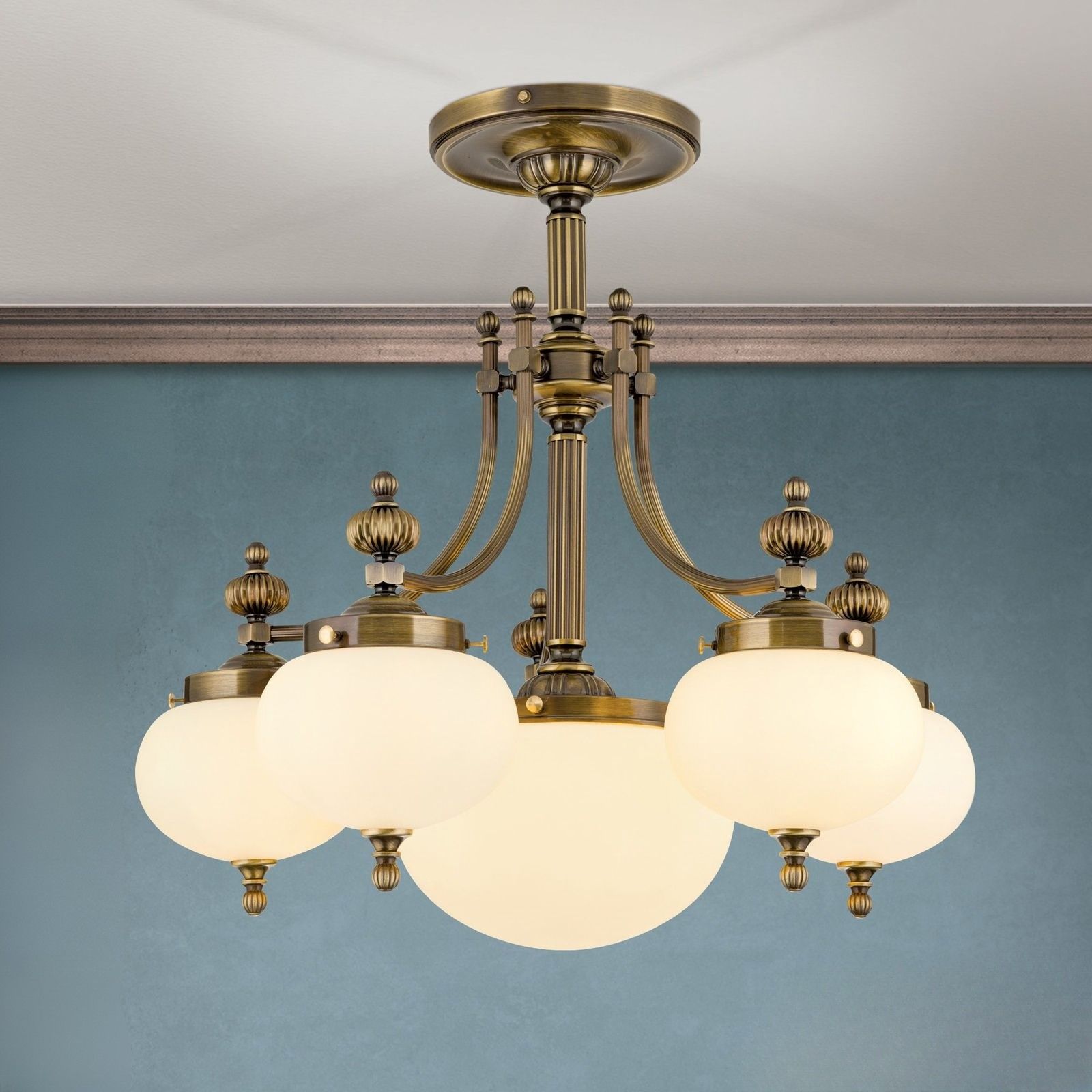 Ceiling light WIENER NOSTALGIE, 5+1 lamps, antique brass finish, champagne coloured glasses
