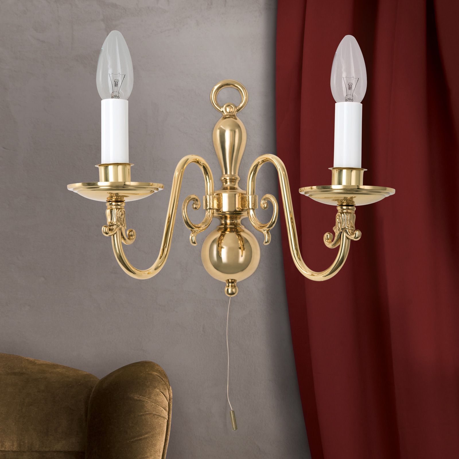 Stilwandleuchte FLÄMISCH, 2-flammig, Messing-glänzend