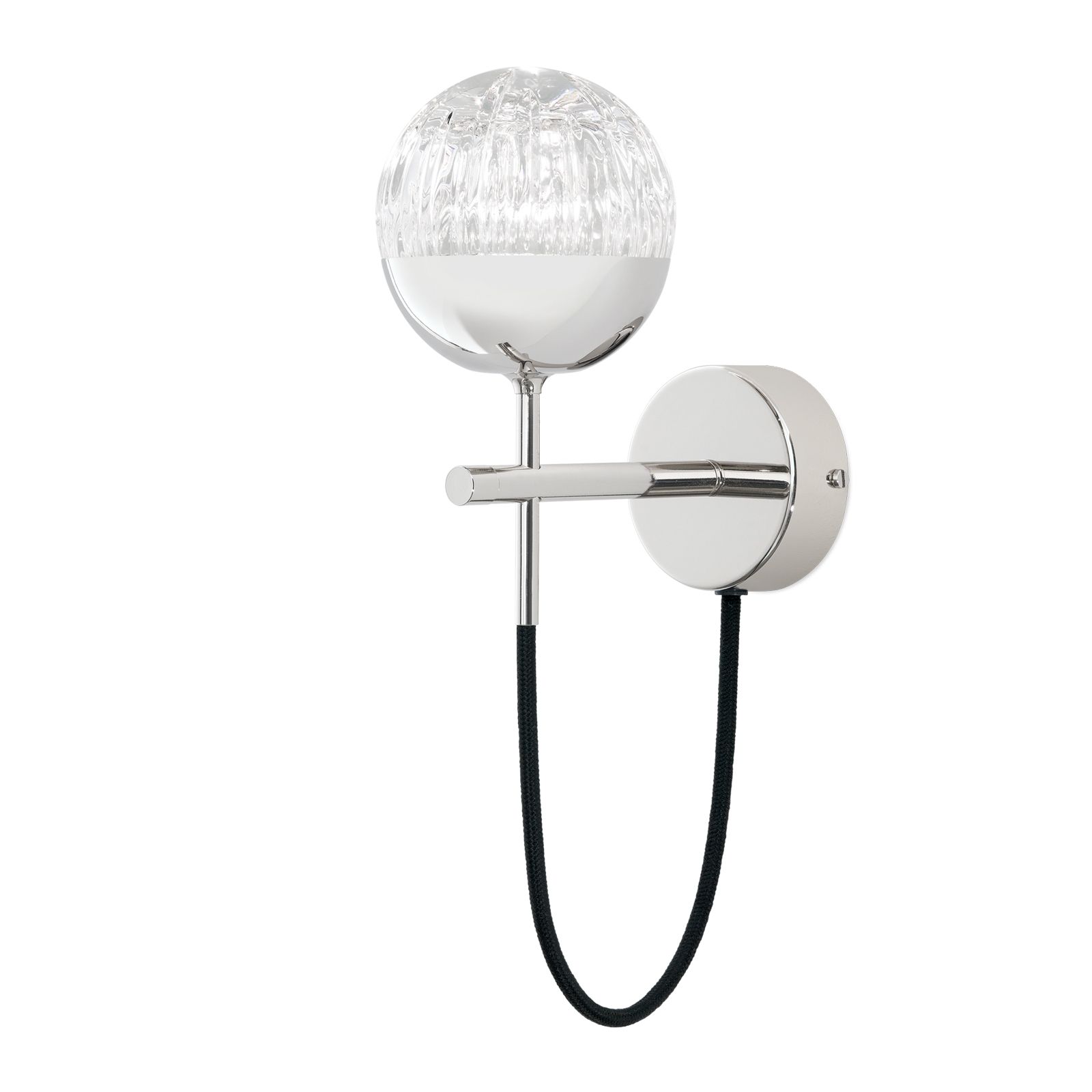 BALL wall light with textile wire, nickel plated with clear crystal glass with handmade line cut