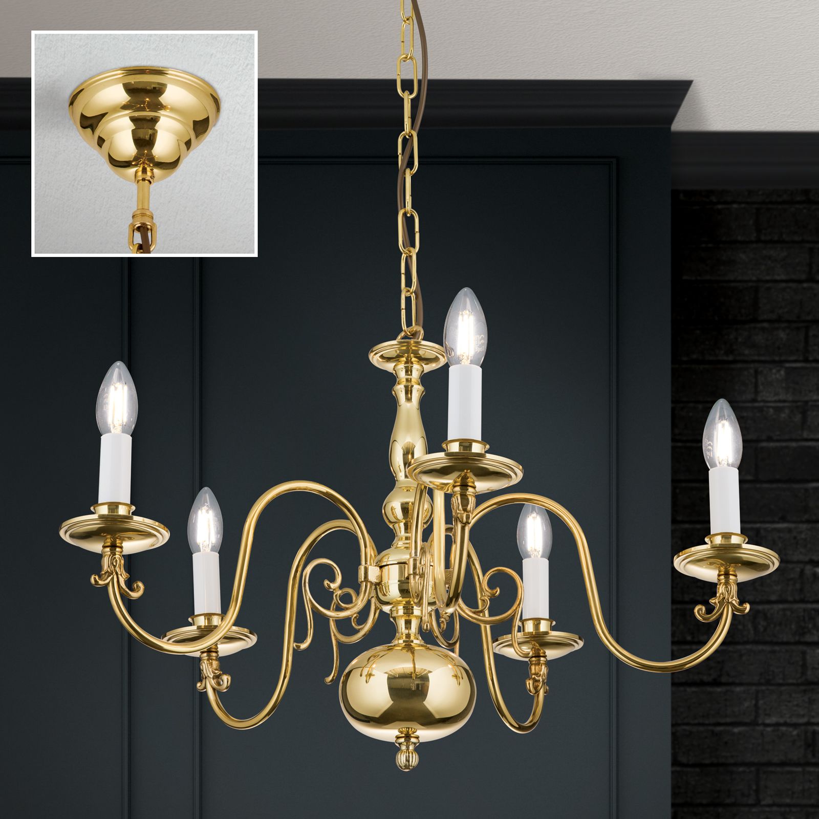 Flemish chandelier, 5 lamps, Shiny Brass finish