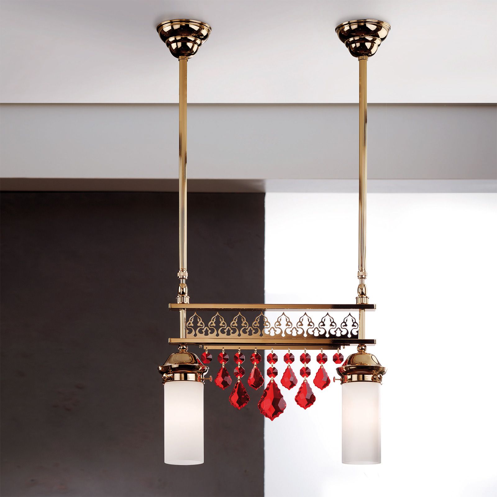 Pendant lamp ORIONtal, 2-flames, gold, with red crystal pendants