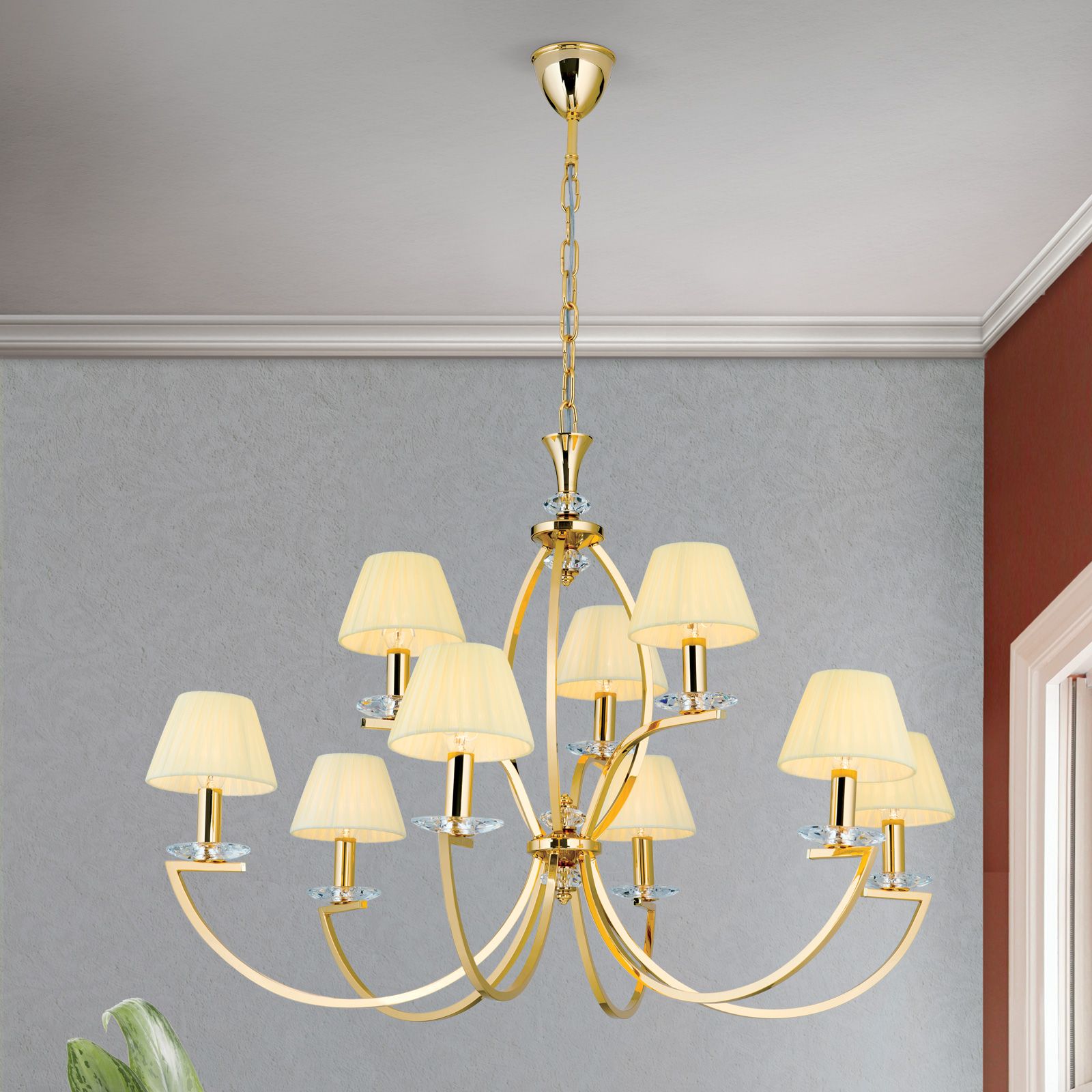 Avala Chandelier, 9 lamps, 24K gold plated and champagne shades