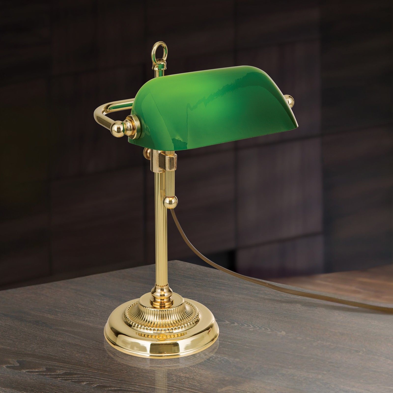 Bench lamp HARVARD, brass with green glass shade, 32cm