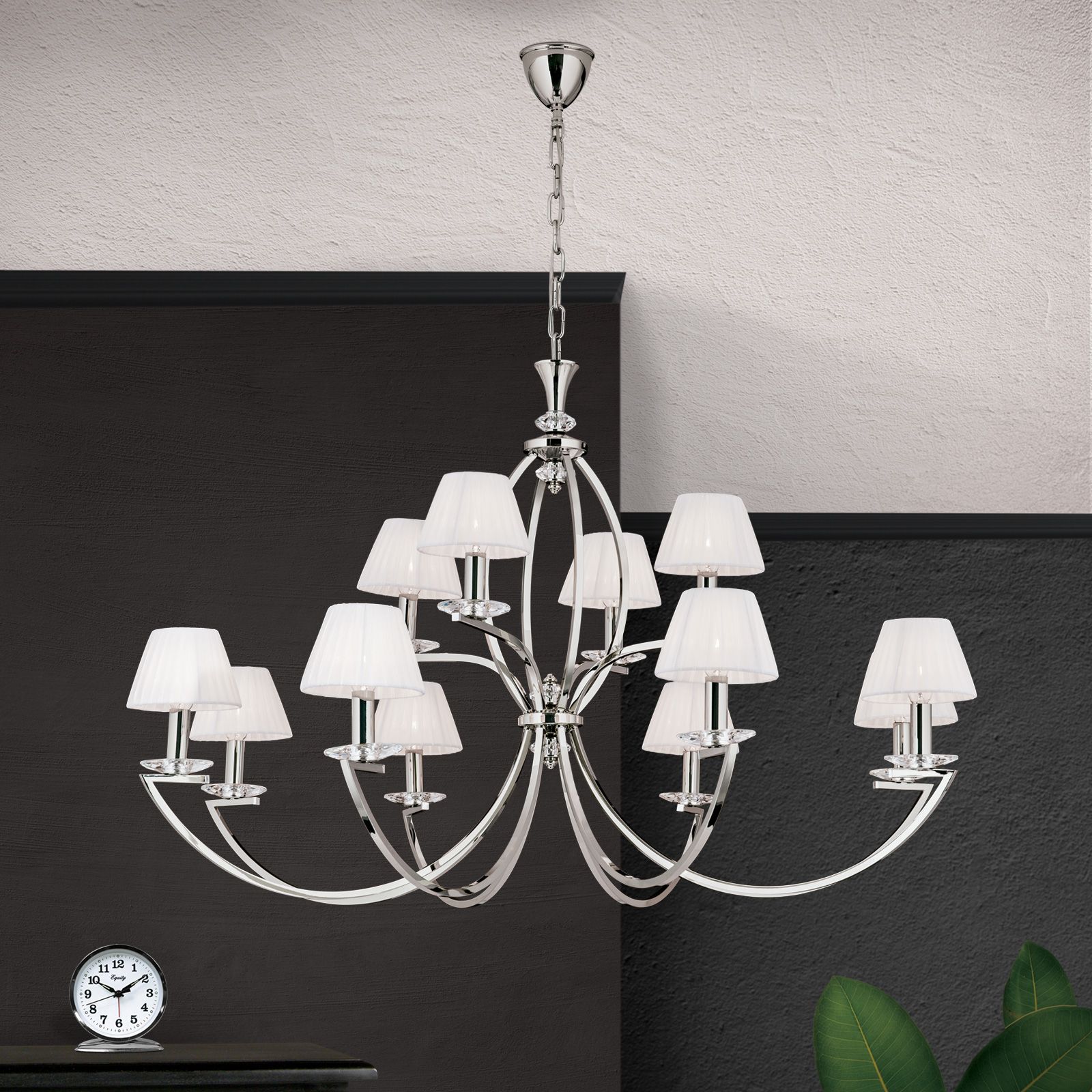 Chandelier Avala, 12-flames, nickel with white shades