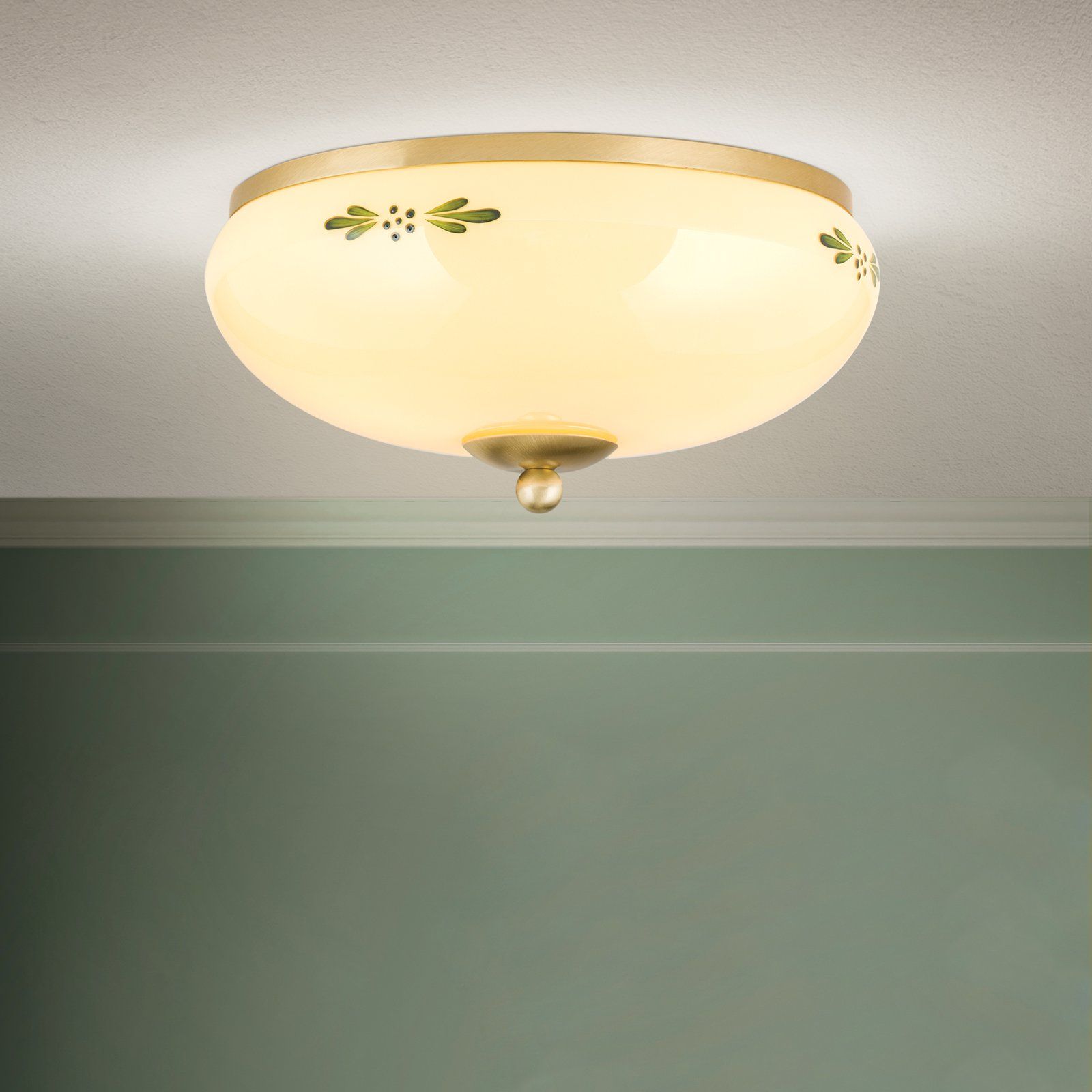 Stropní svítidlo LANDHAUS, mosaz, se zeleným dekorem, s knoflíkem, Ø 28cm