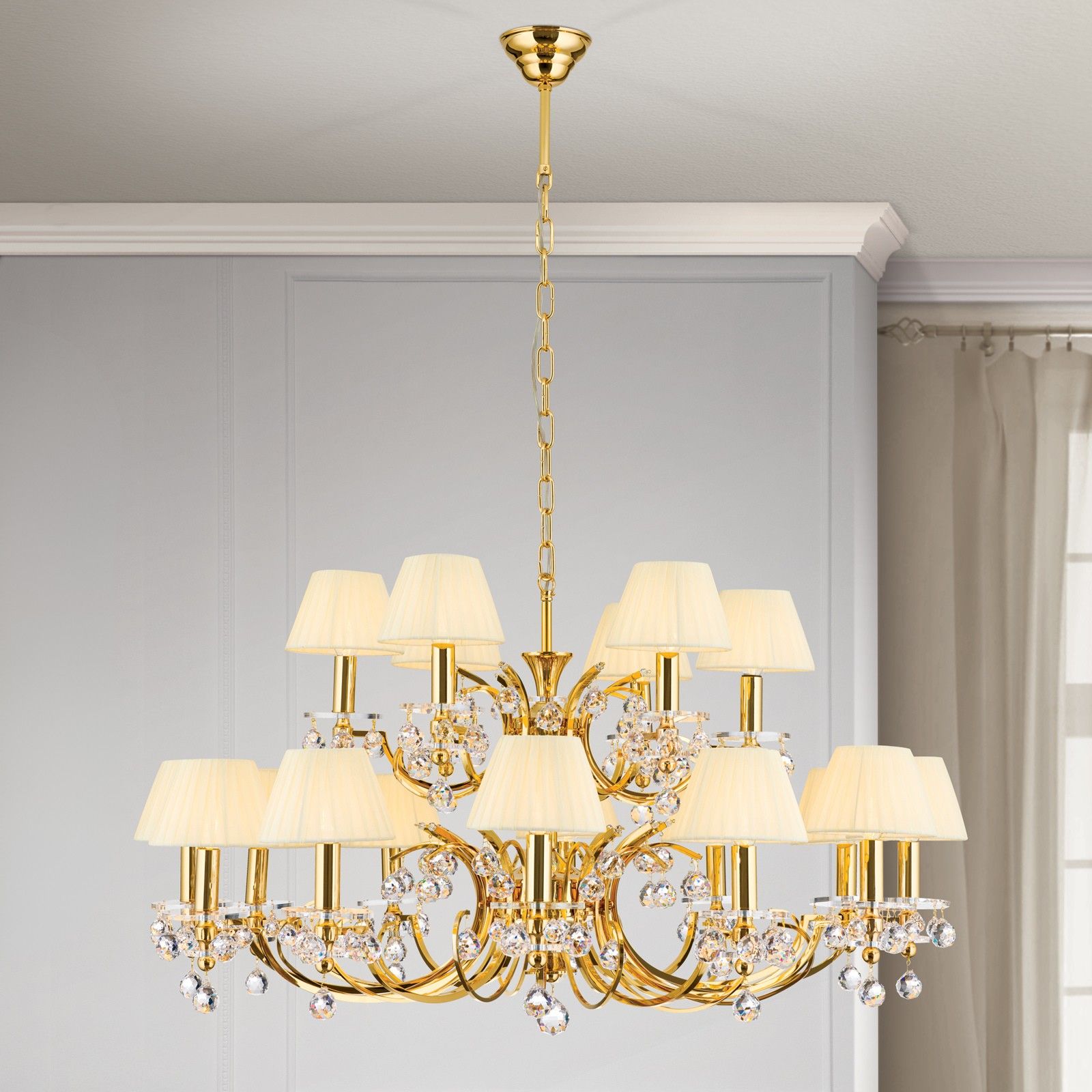 Luster KRISTALLDESIGN, 18-flammig, gold mit champagnerfarbigen Schirm