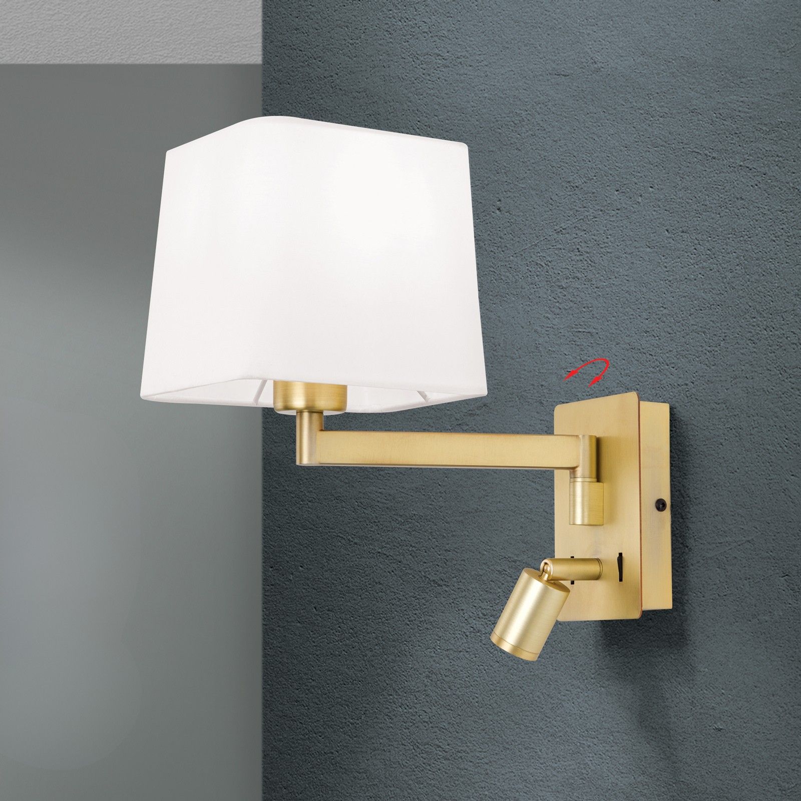 Wall light CARLTON, brass matt with white fabric shade