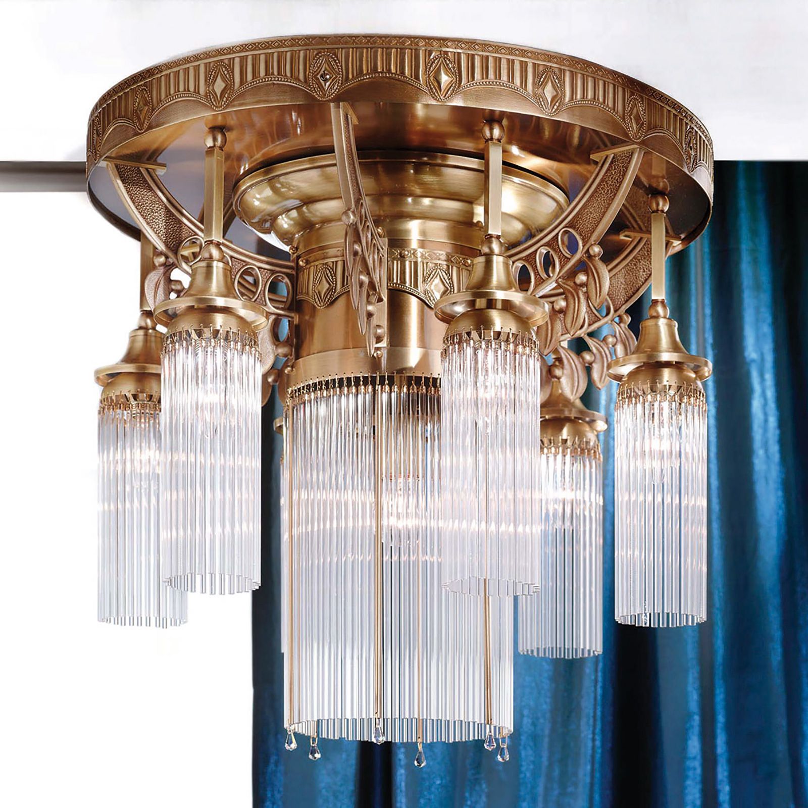 Ceiling chandelier ADELE, 7-flames, antique brass, with glass rods