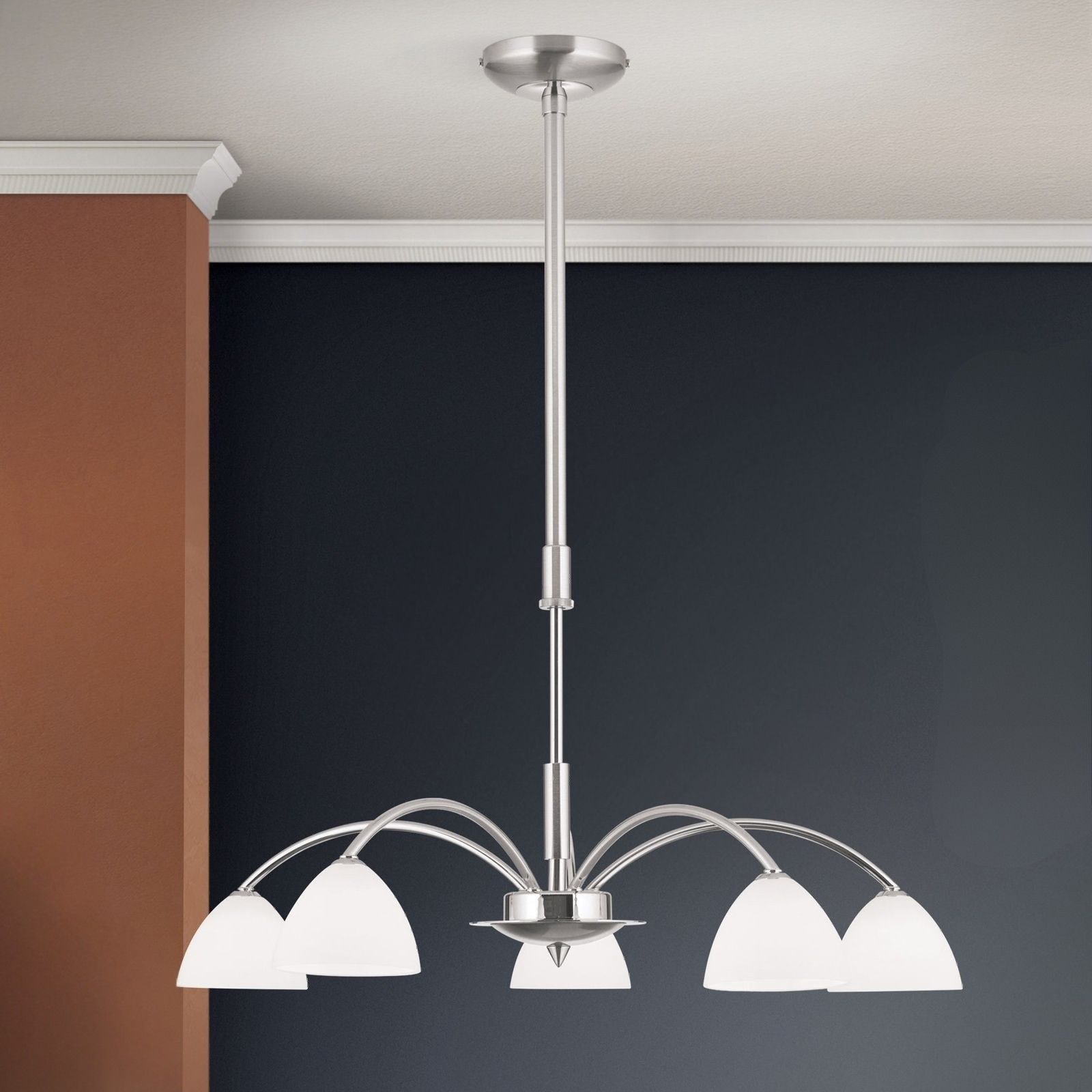 OPALDESIGN chandelier, 5 lamps, satin chrome with opal glasses