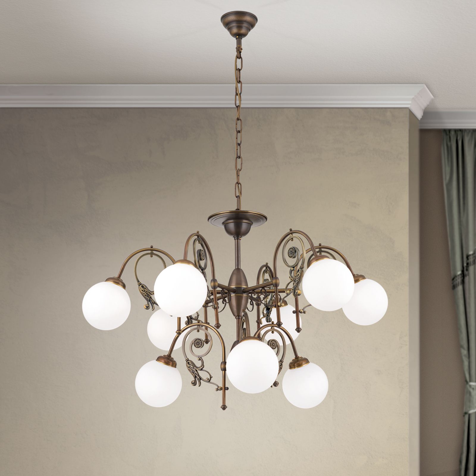 Chandelier RINGSTRASSE, 9 lamps, antique brass finish with opal glasses