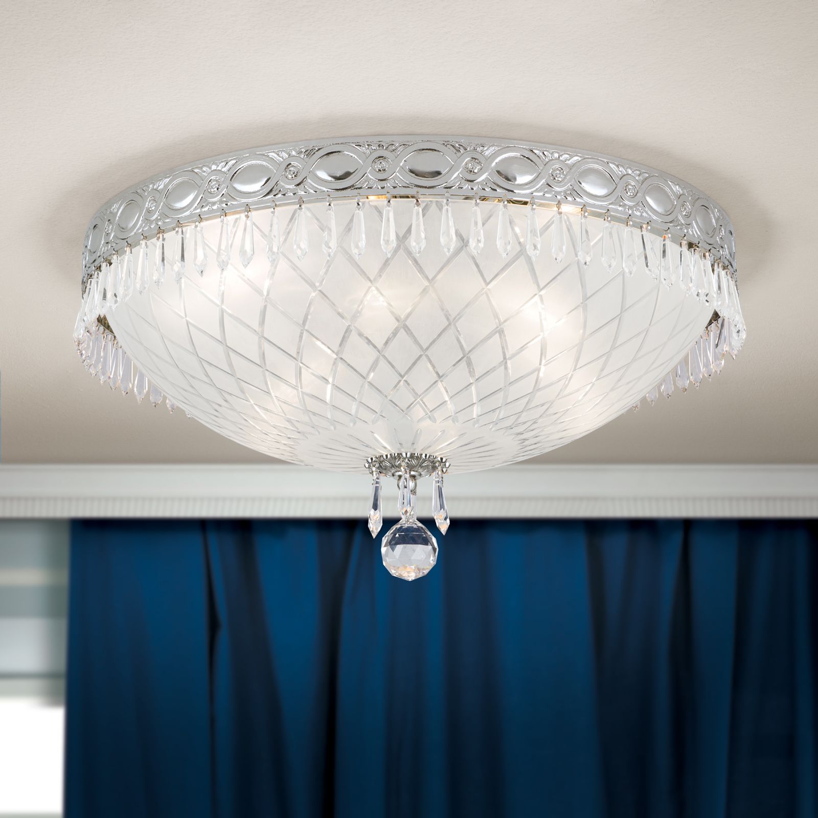 Ceiling Light EMPIRE CRYSTAL with satin diffused cut glass, 45cm, antique silver plated