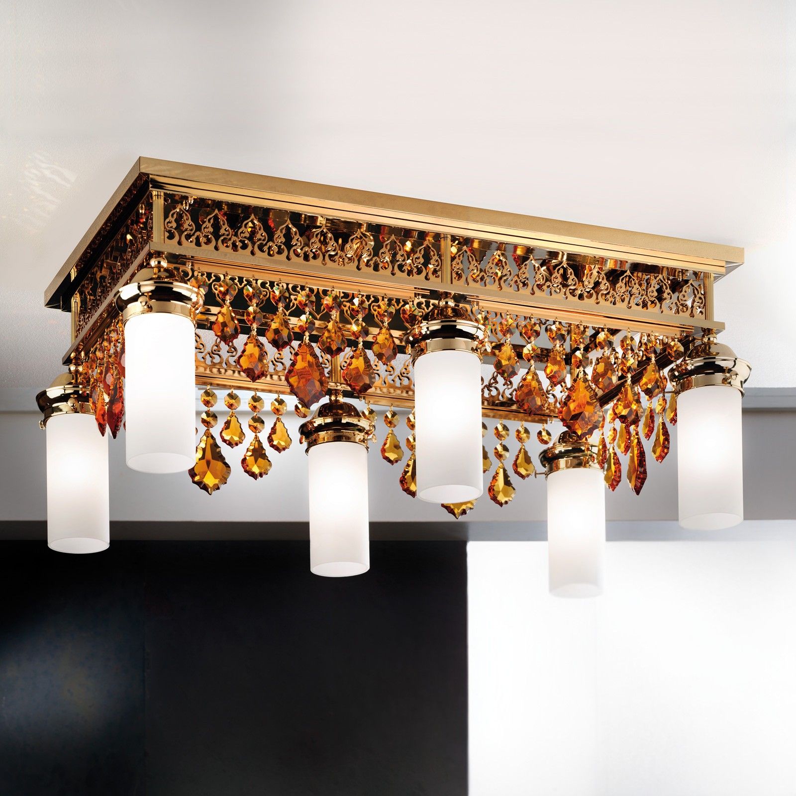 Ceiling chandelier ORIONtal, 6-flames, gold, with topaz-coloured crystal pendants