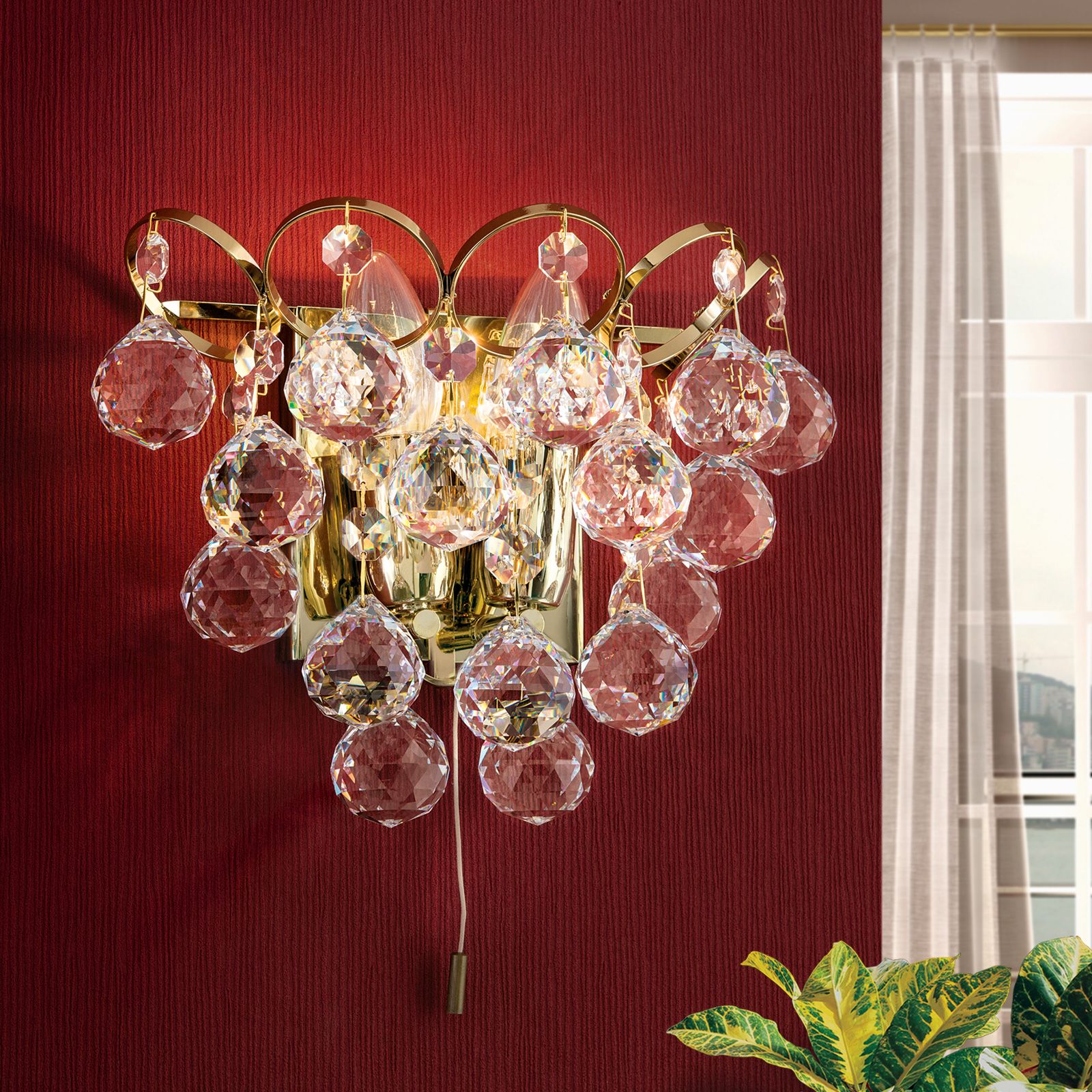 Wall light KRISTALL KLASSISCH, 2 lamps, 24K gold plated with crystal balls