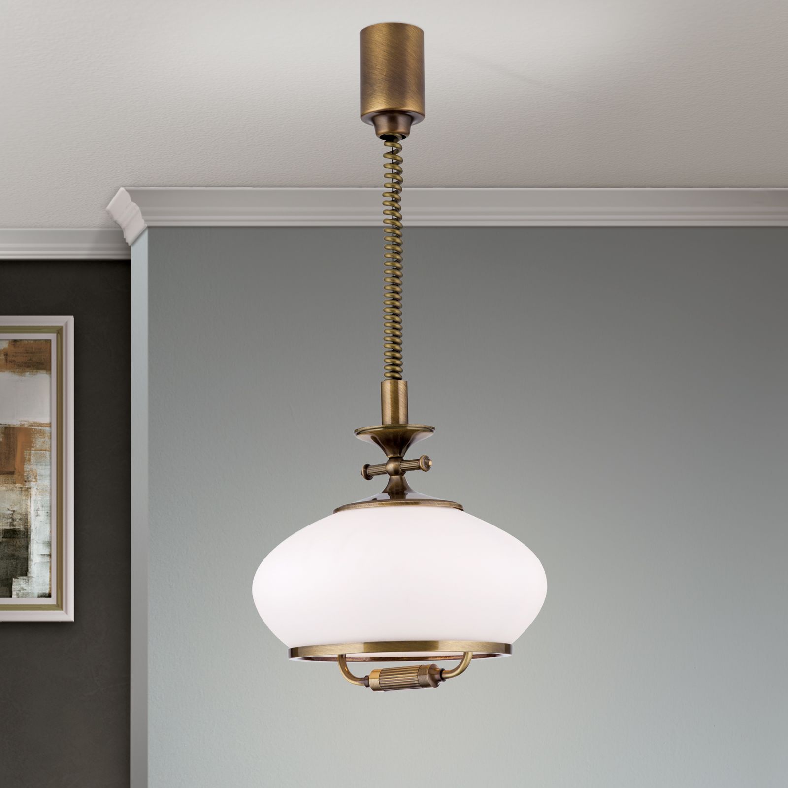 Pendant lamp EMPIRE, antique brass finish, 32cm, with pulley system