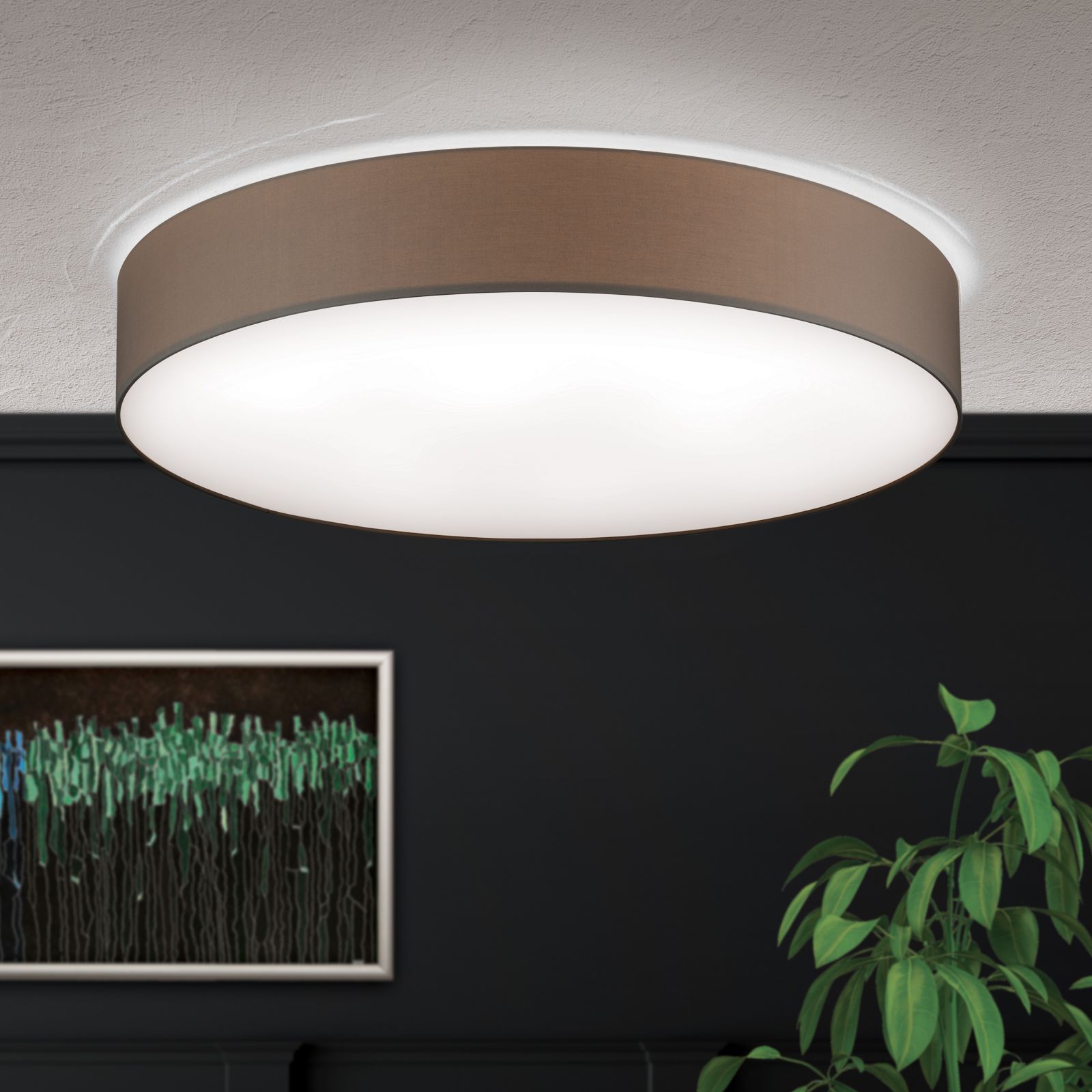 LED ceiling light SHADE, with cylindrical, brown shade, Ø 80cm